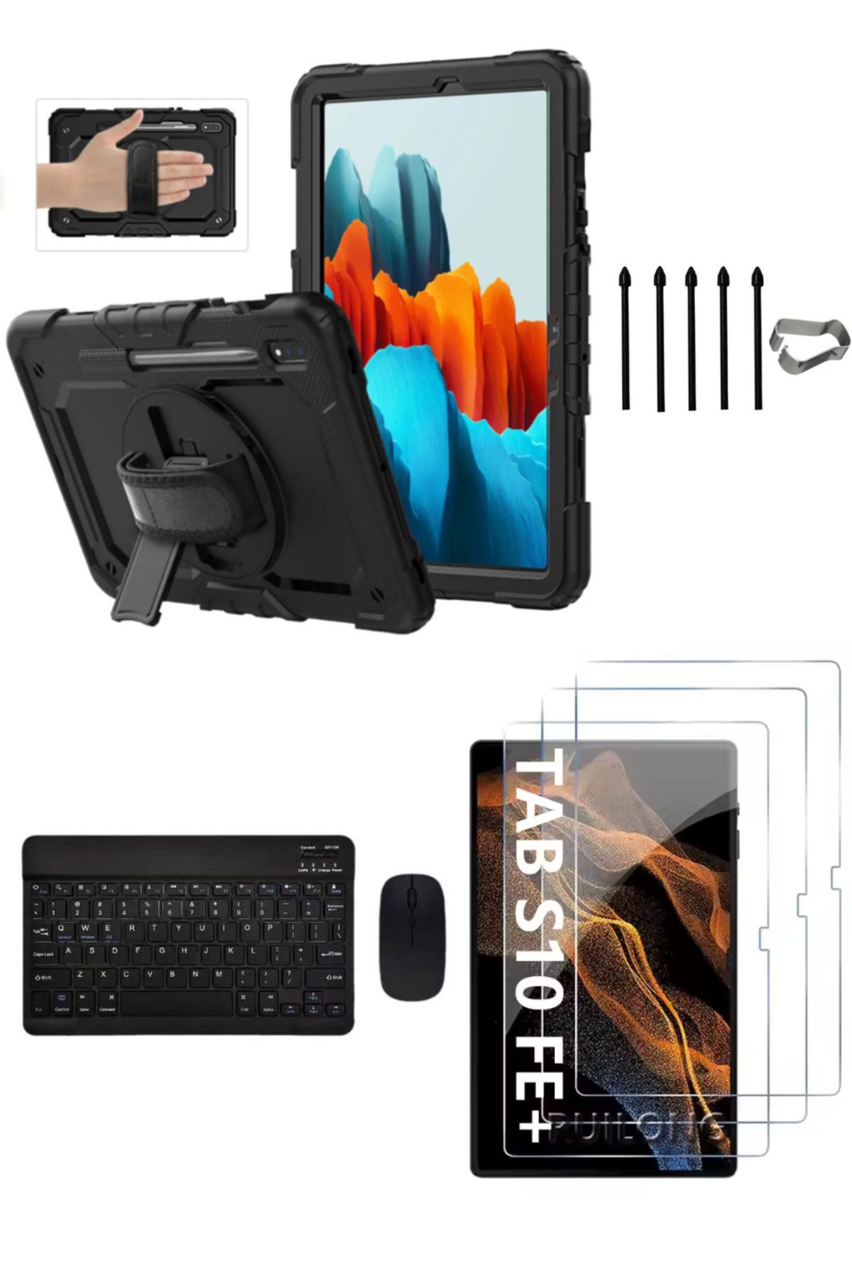Samsung Galaxy Tab S10 FE+ Plus Pars Tank Case+Keyboard Mouse+S Pen Replacement Tip+Screen Protector