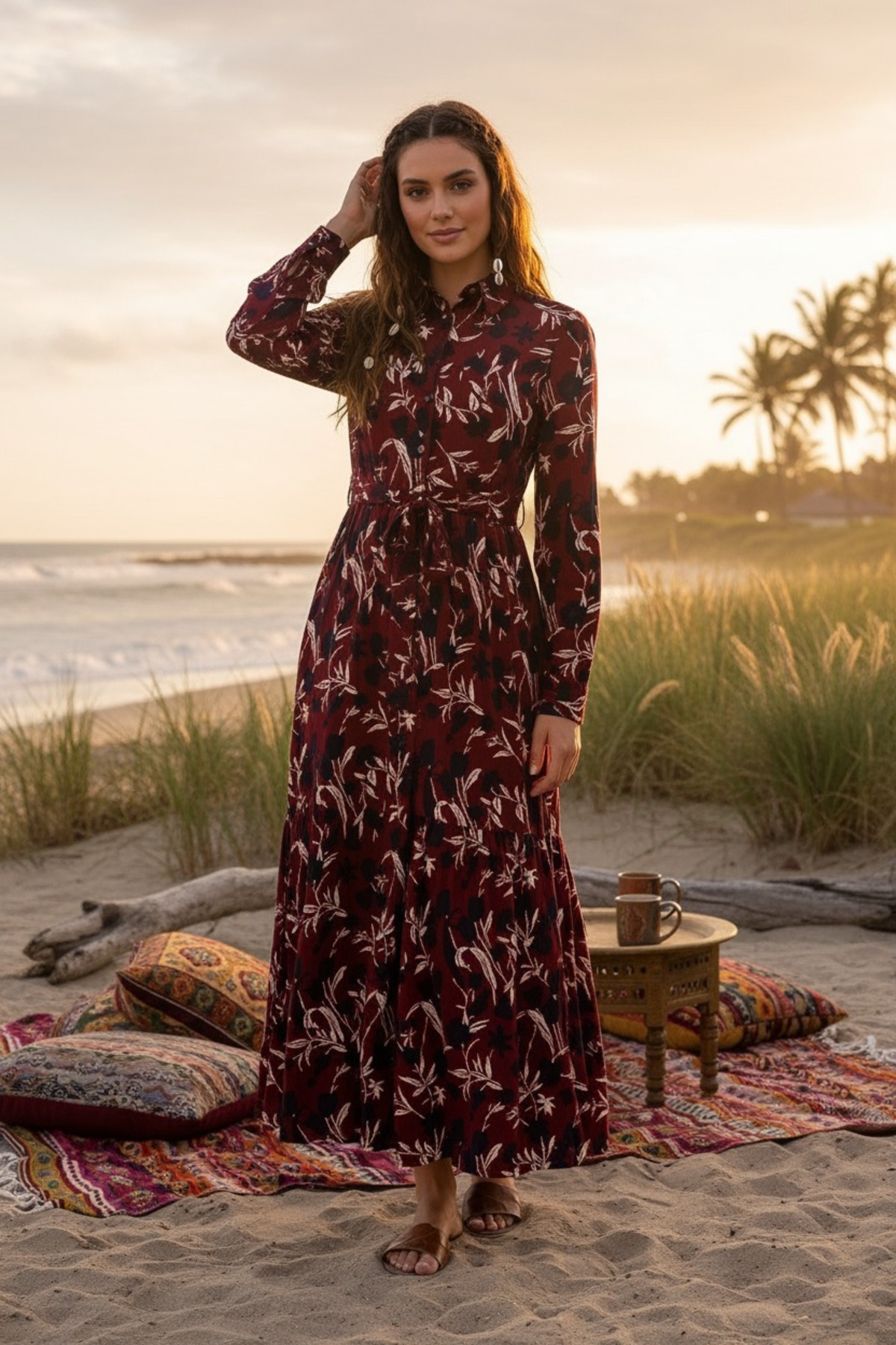 Navy Blue Floral Summer Buttoned Women's Long (140CM) Dress 1106