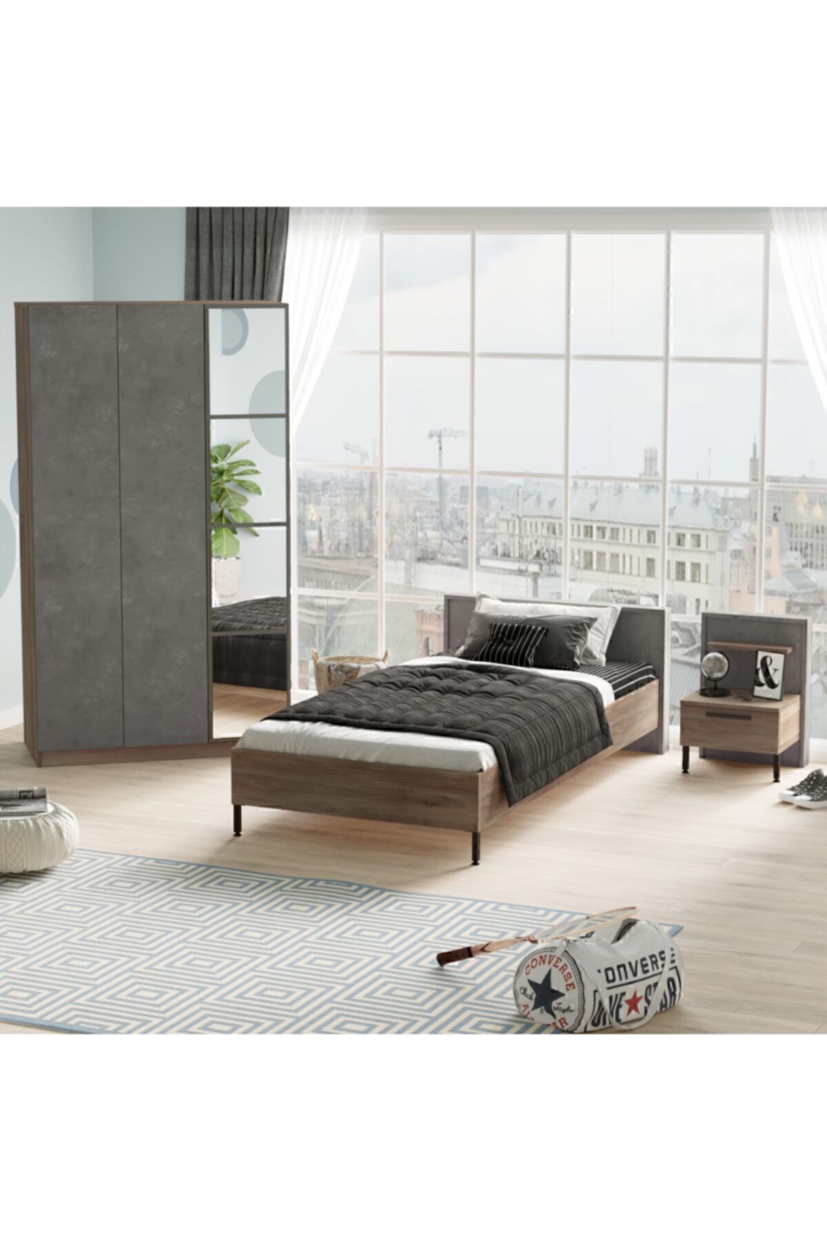 Yurupa Teeny Genç Odası Takımı 3'Lü Set Beton Kahve TEE10-CG