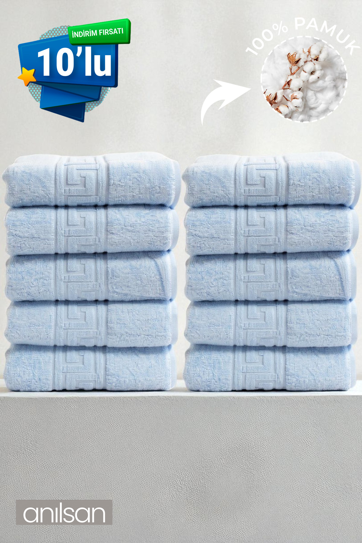 10-pack Blue Greek Hand Towel - 50x90 Cm, 225gr, 100% Cotton, Spa And Hotel Towel