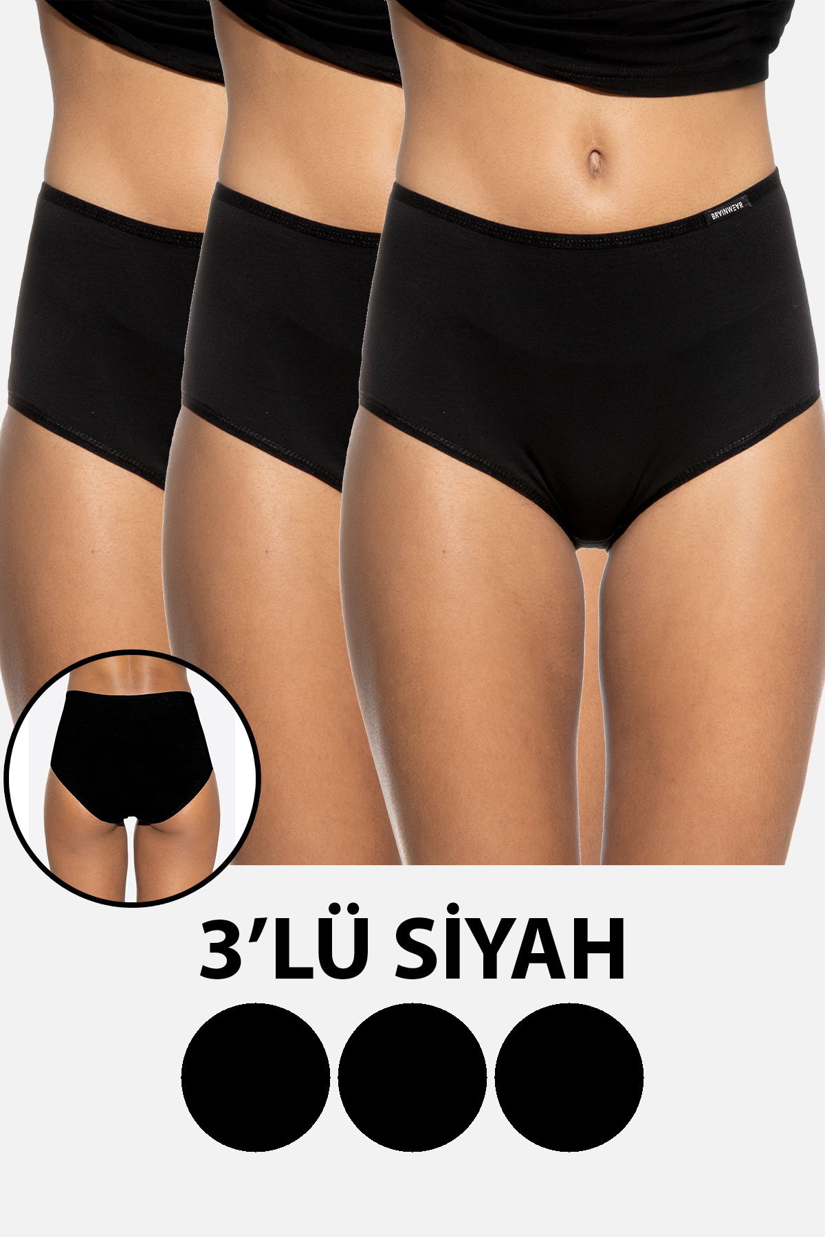BRAINWEAR Kadın 3'lü Paket Likralı Pamuklu Yüksek Bel Bato Külot