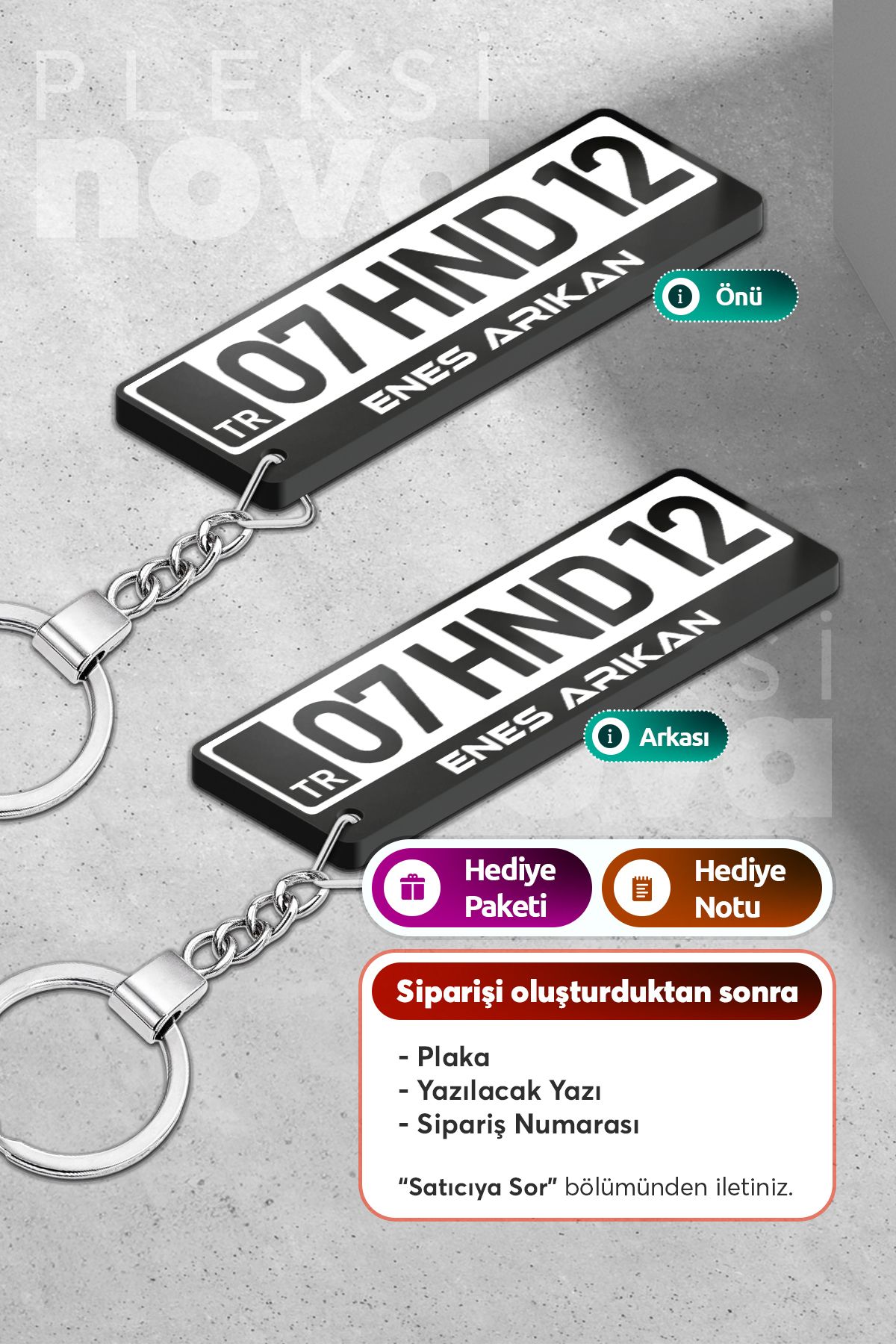 Pleksinova Kişiye Özel Pleksi Beyaz Plaka Plakalı Anahtarlık Araba Hediyesi Araba Süsü - Çift Taraflı