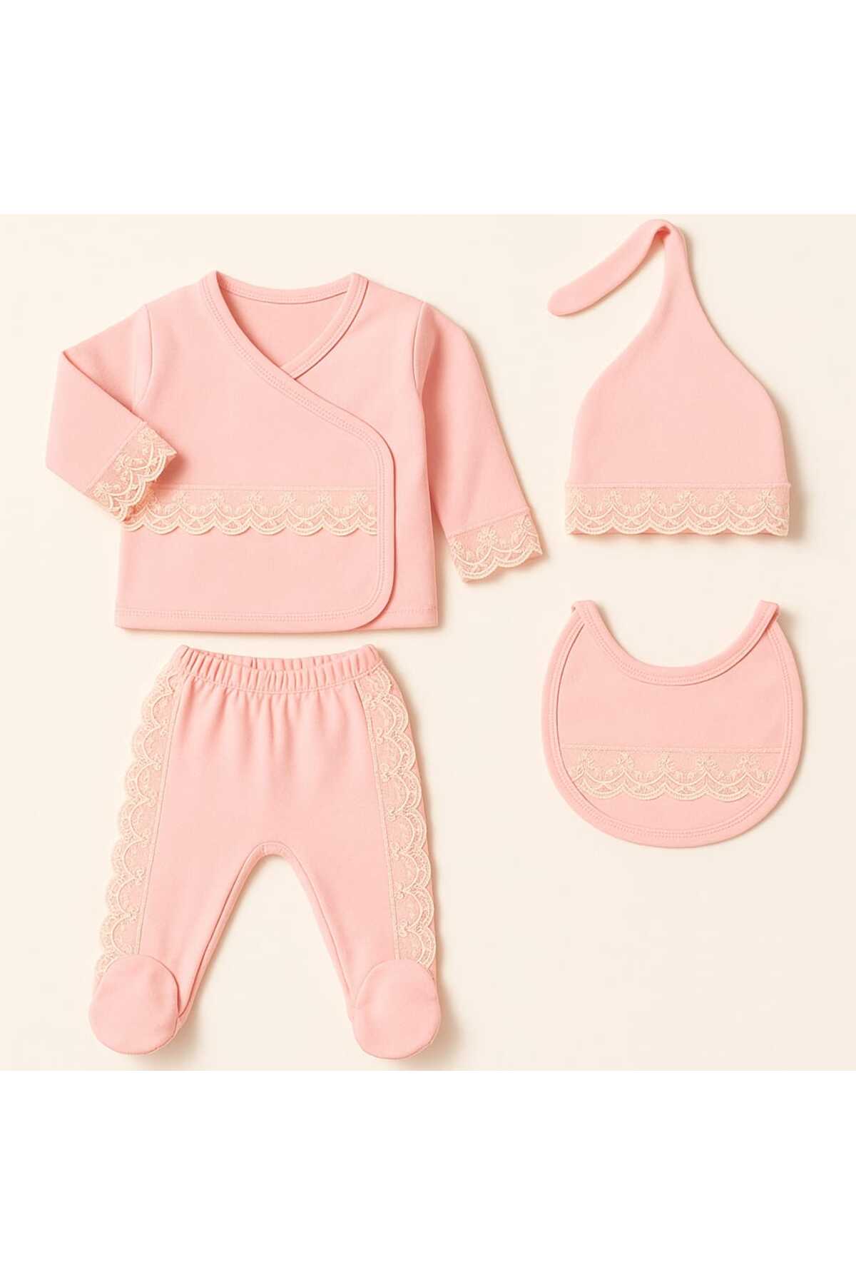 bebekpare Kız Bebek Organik Hastane Çıkış Seti Dantelli 4 Parça %100 Pamuk /mevlüt Seti fotoğrafı 2 (önizleme)