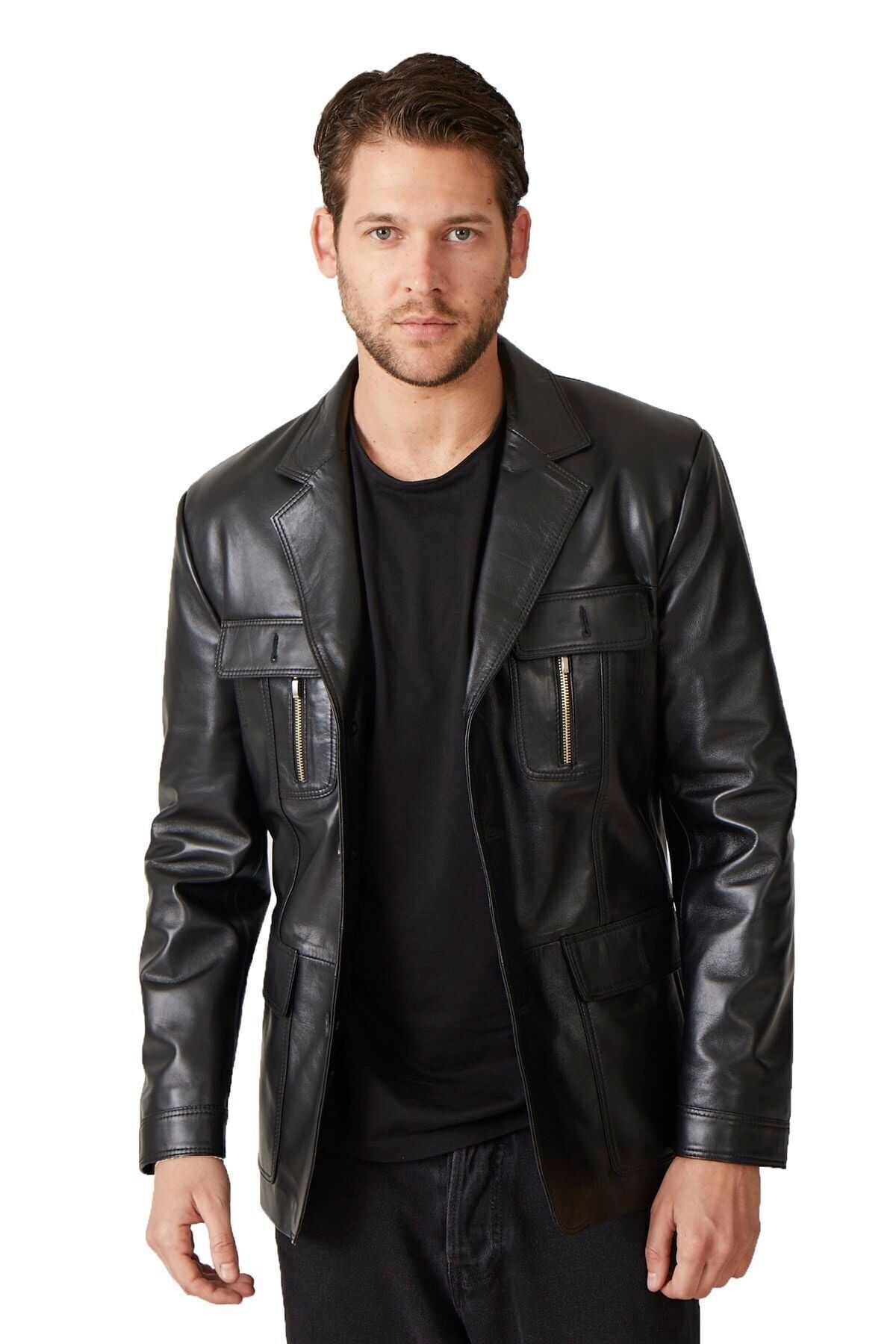 Deriderim-Men's Genuine Leather Black Jacket - Button Closure, Bag Pocket and Waist Fitted Lining 1
