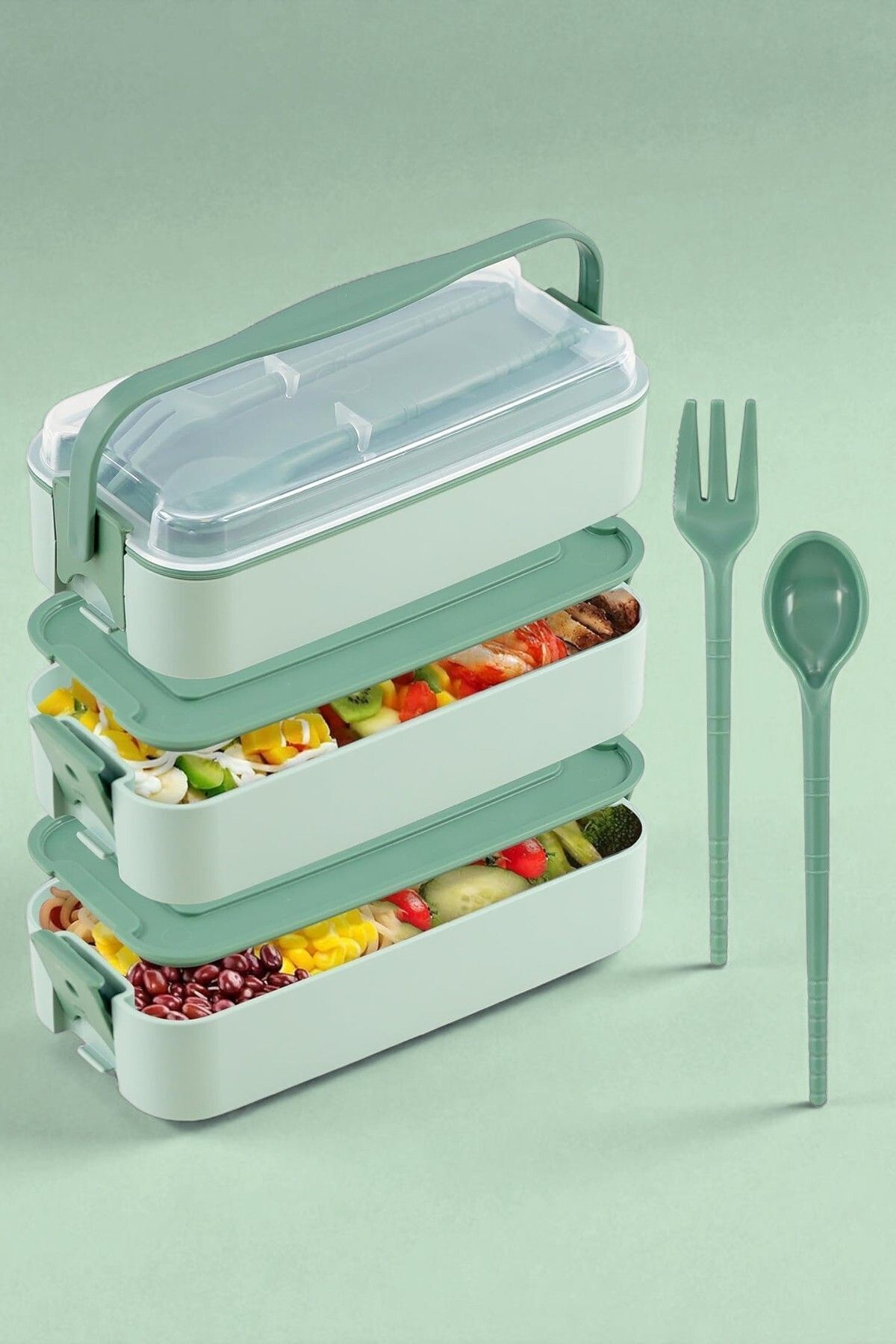 İronika-1260 ml 3 Layer Lid Fork Knife Lunch Box Lunch Box Nutrition Container - Green 1