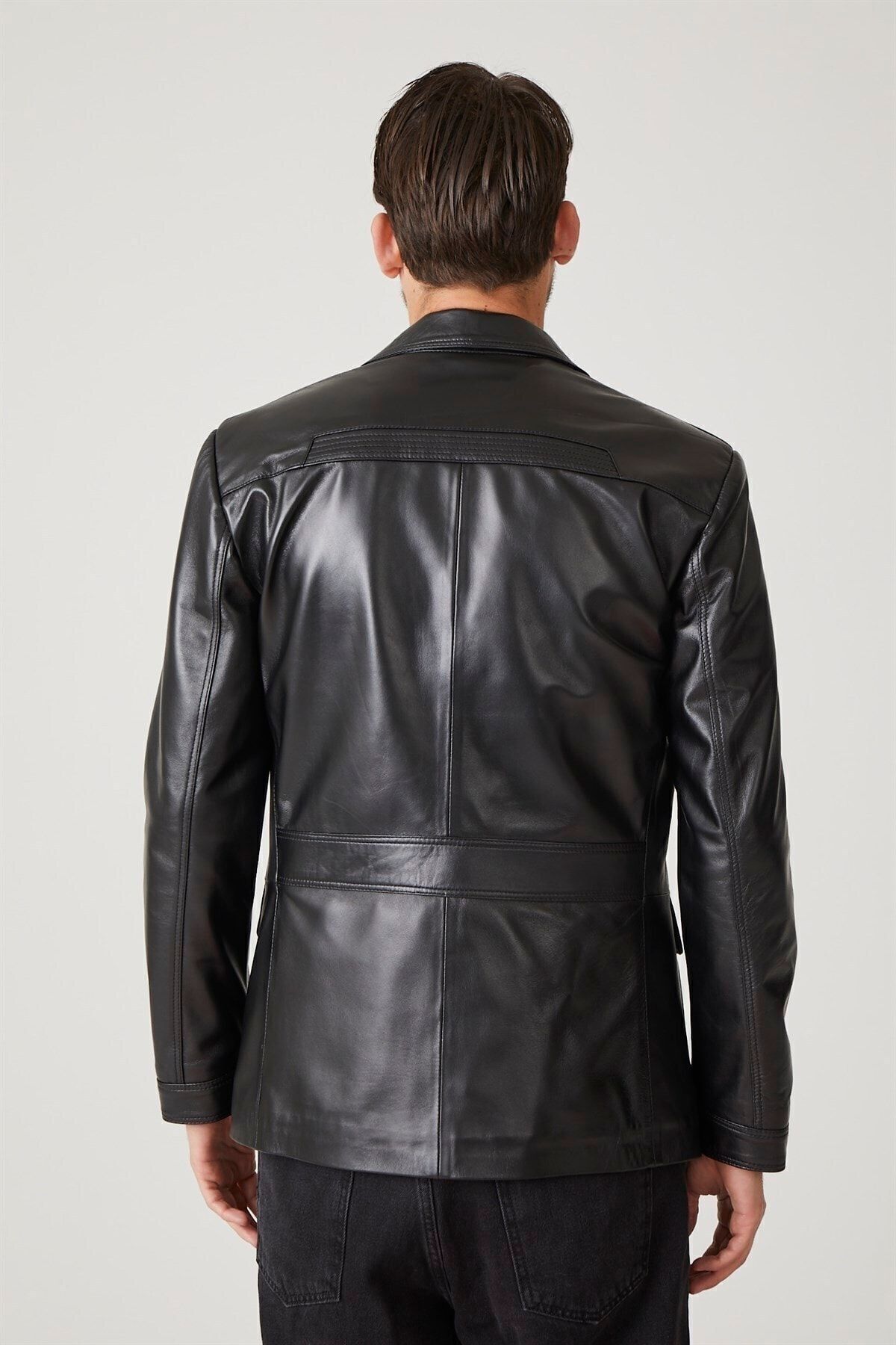 Deriderim-Men's Genuine Leather Black Jacket - Button Closure, Bag Pocket and Waist Fitted Lining 4