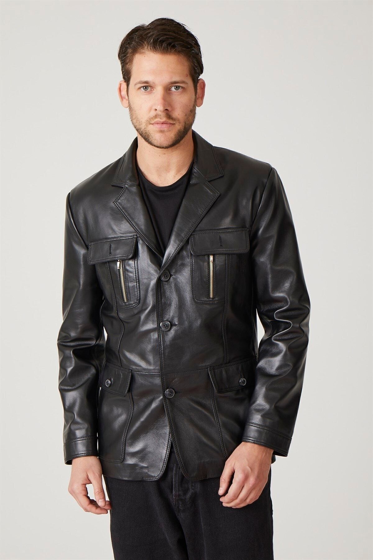 Deriderim-Men's Genuine Leather Black Jacket - Button Closure, Bag Pocket and Waist Fitted Lining 3