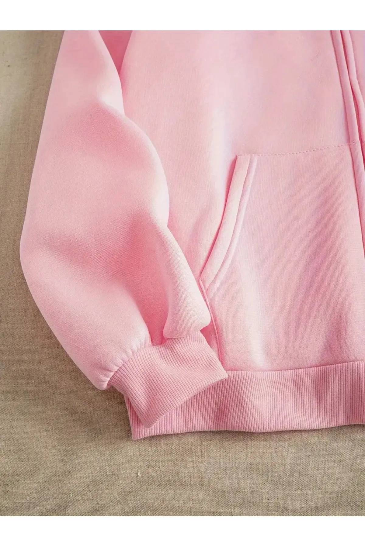Jooy  Pembe 3 İplik Fermuarlı Kapüşonlu Hırka Ceket - Görsel 4