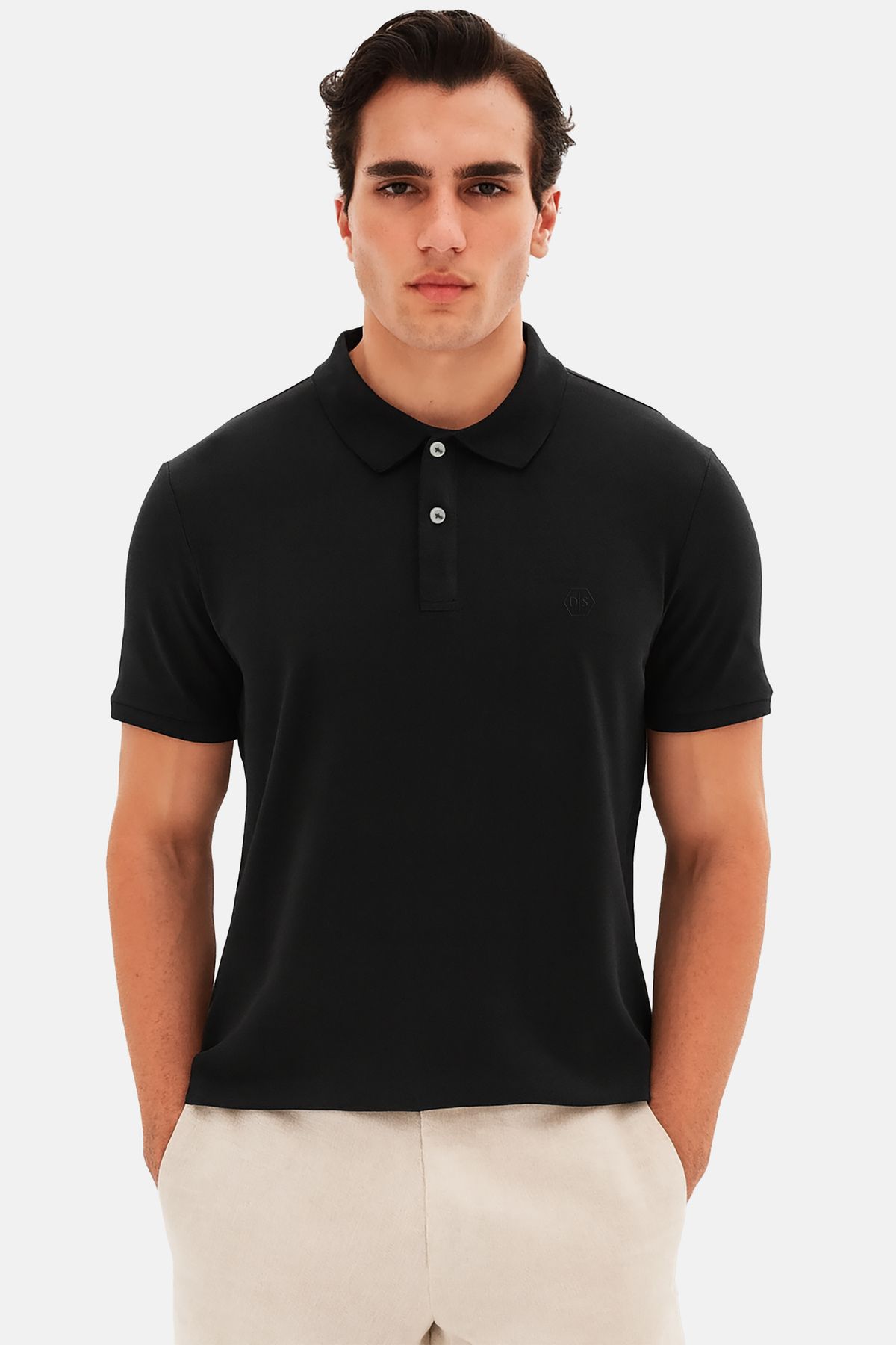 D'S Damat-Normale Passform, schwarzes Piqué-T-Shirt aus 100 % Baumwolle mit unlackiertem Polokragen und Stickerei 3