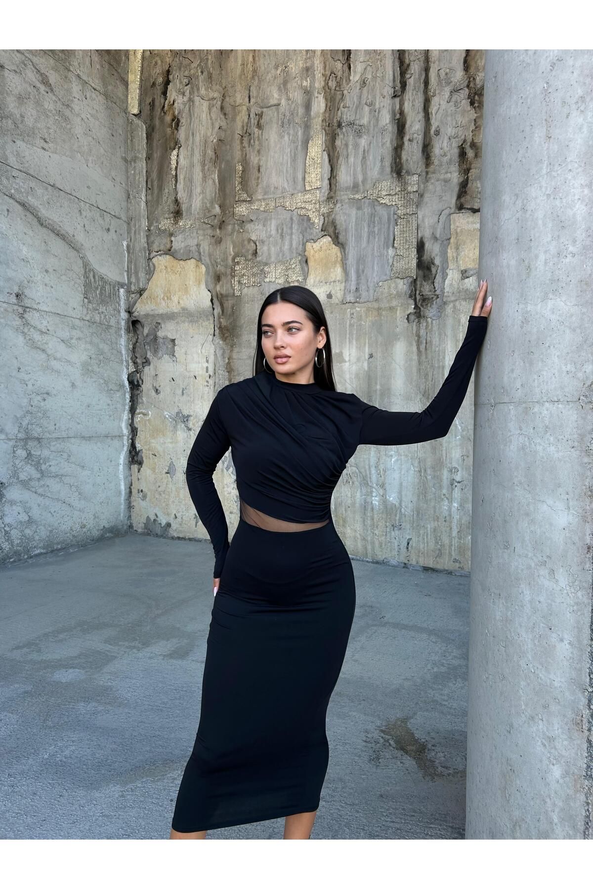 NDN STORE-Rochie tip creion, lungă, cu mânecă lungă, cu decolteu decoltat, din tul din țesătură de nisip elastic 583154 2