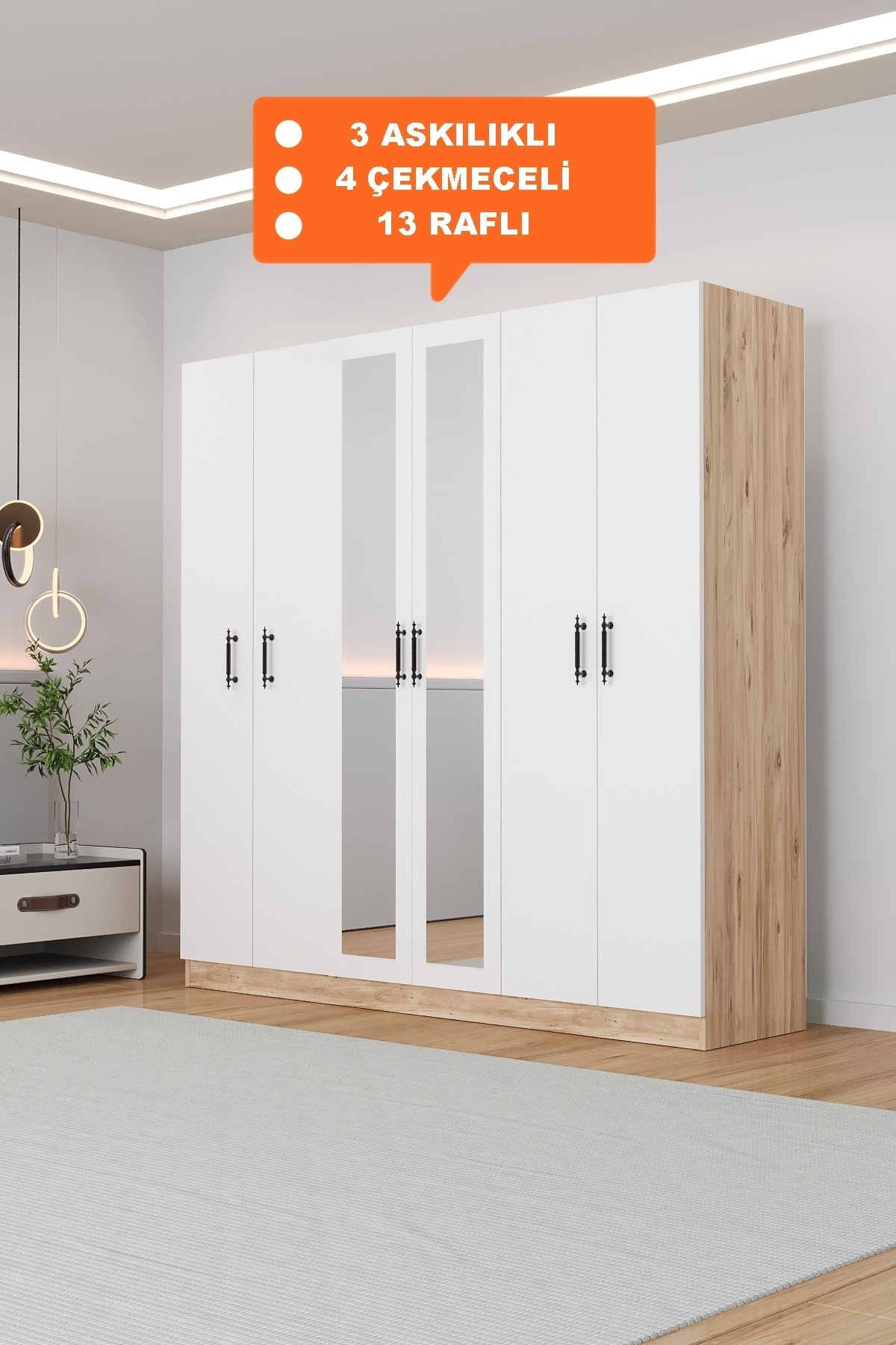 AEKA Ae-2116 Kale Aynalı Sonomo/Beyaz, 6 Kapaklı Gardırop, 13 Raflı, 3 Askılıklı 180 Cm Dolap