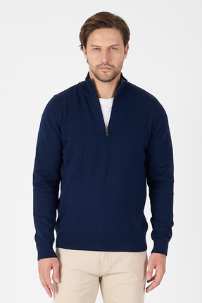 Hateko Lacivert %100 Pamuk Yarım Fermuarlı Dik Yaka Triko Kazak