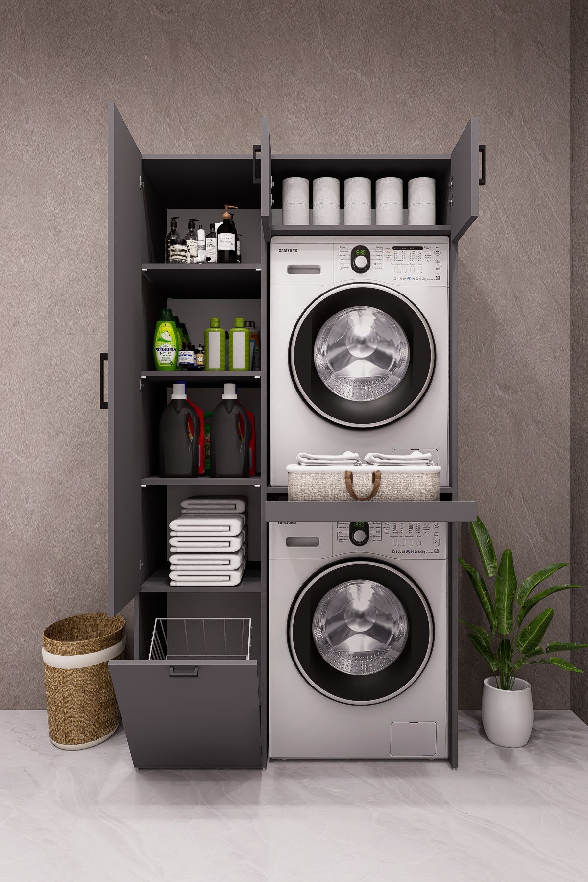 DEMİRBAL MOBİLYA MDF ÇAMAŞIR MAKİNESİ DOLABI KURUTMA MAKİNESİ DOLABI KİRLİ SEPETLİ ÇEKMECELİ ANTRASİT