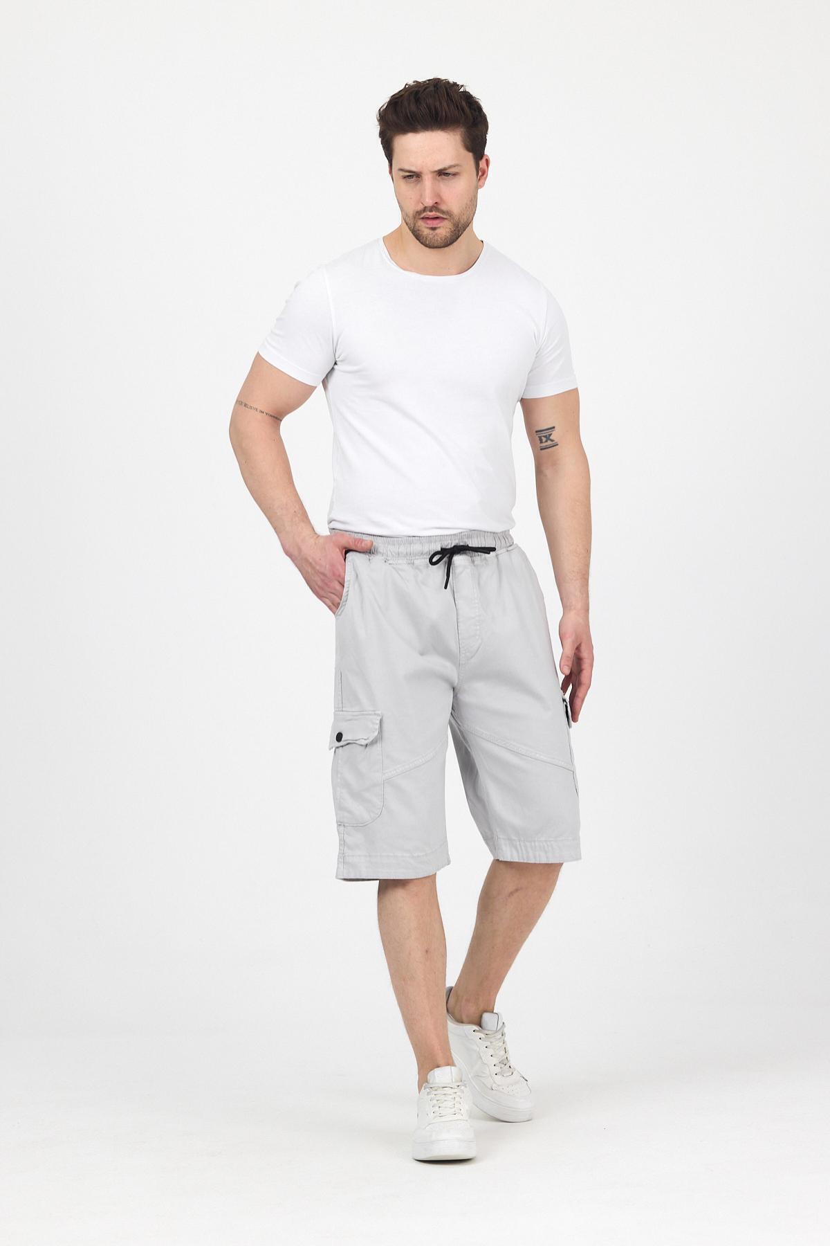 DAMGA JEANS-Men's Elastic Waist Summer Sports Cargo Pocket Gray Capri Shorts 3