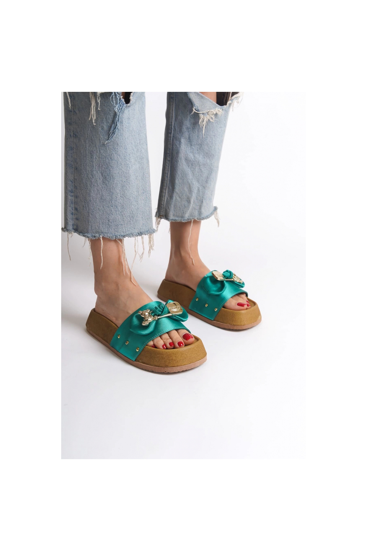 Genel Markalar Kalın Tabanlı Saten Terlik - Yeşil