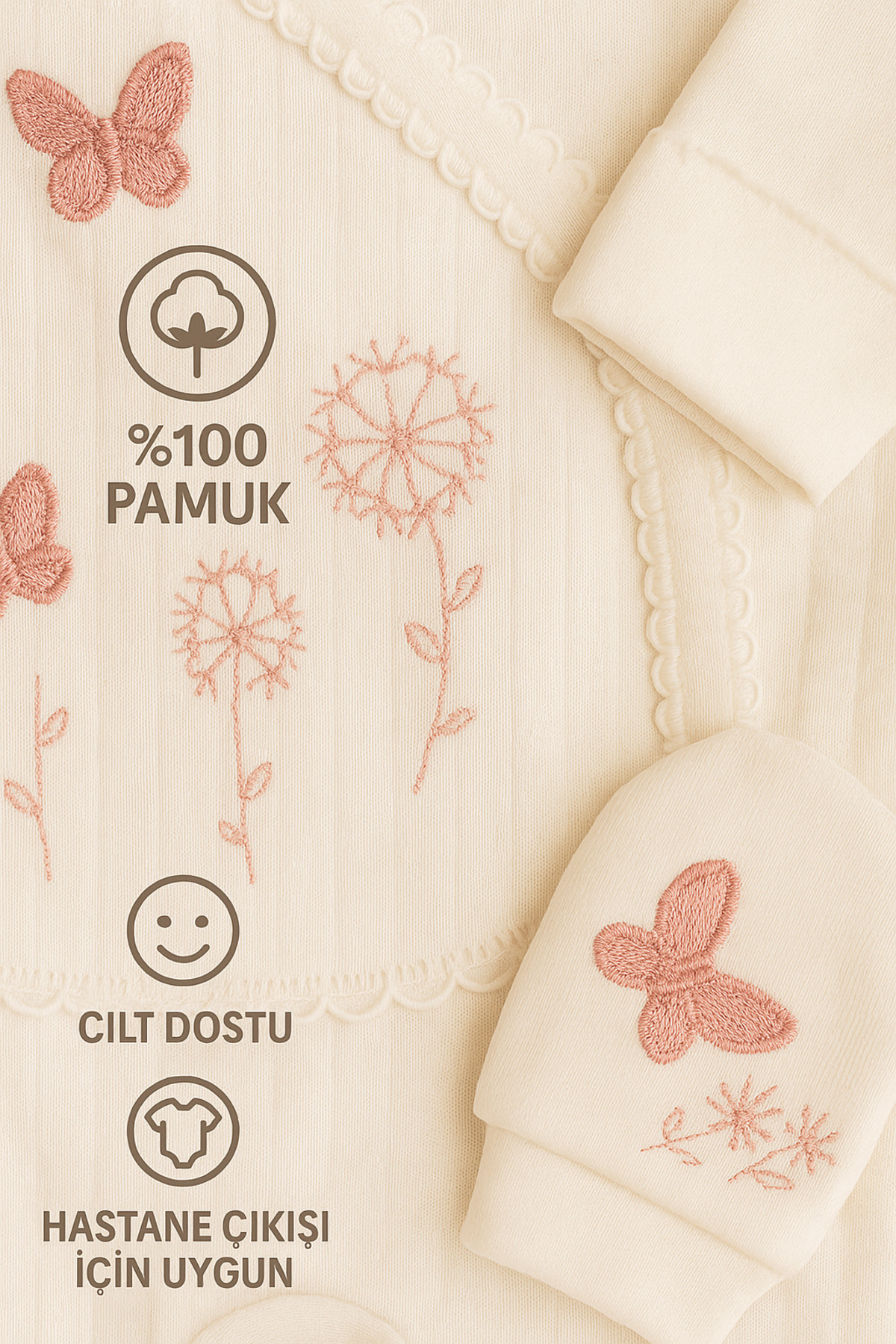 MYZİ STORE %100 Pamuk Yenidoğan Kız Bebek 5’li Hastane Çıkışı – İlk Ay Seti (0–3 Ay) fotoğrafı 2 (önizleme)