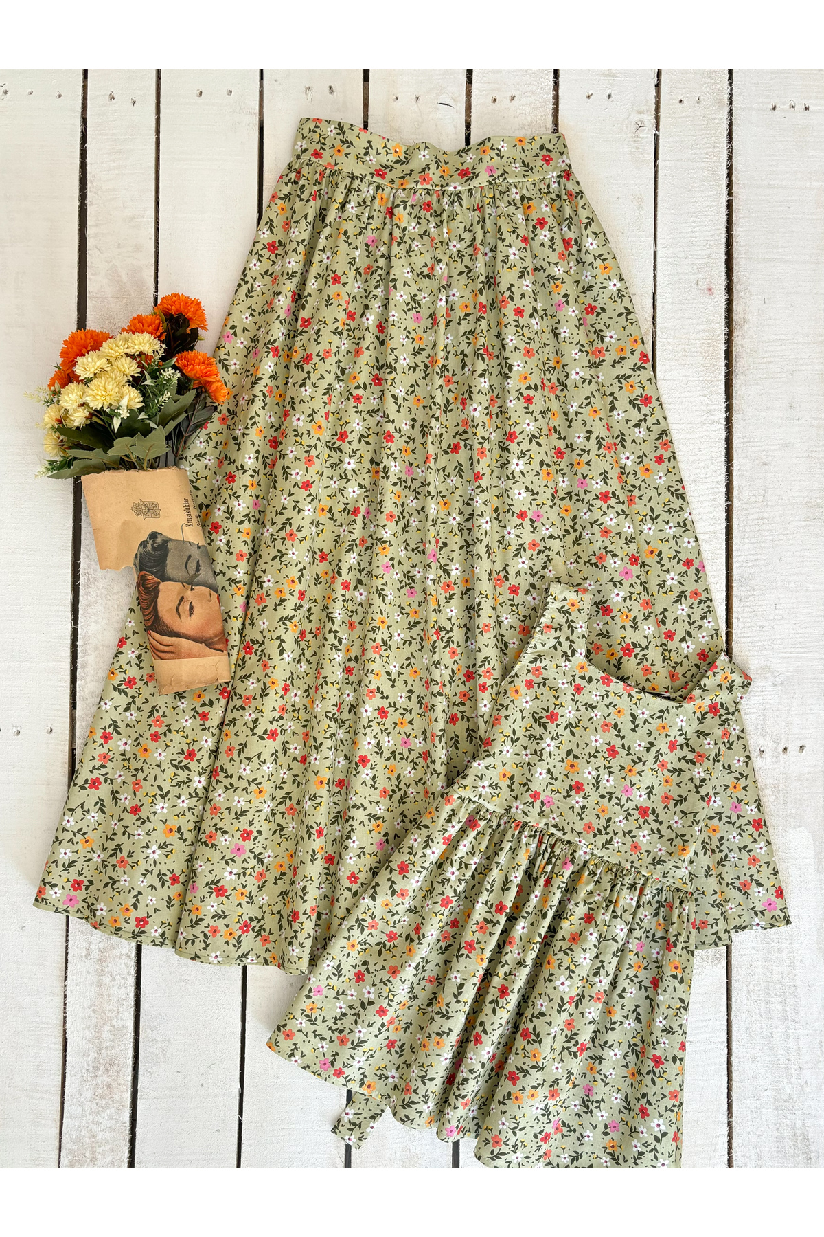 KÜÇÜĞÜM BUTİK Yeşil Çiçekli Poplin Anne Etek Ve Kız Çocuk Elbise Kombini (TEKLİ SATILMAKTADIR) fotoğrafı 6 (önizleme)