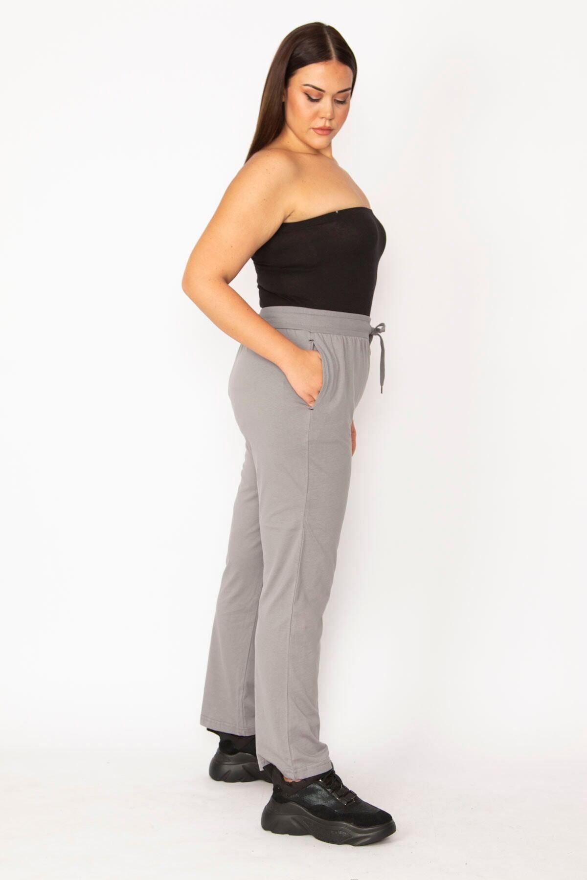 Şans-Pantaloni de sport cu buzunar cu alunecare, gri, cu talie elastică și cu ochi, de mărime mare 65n29152 5