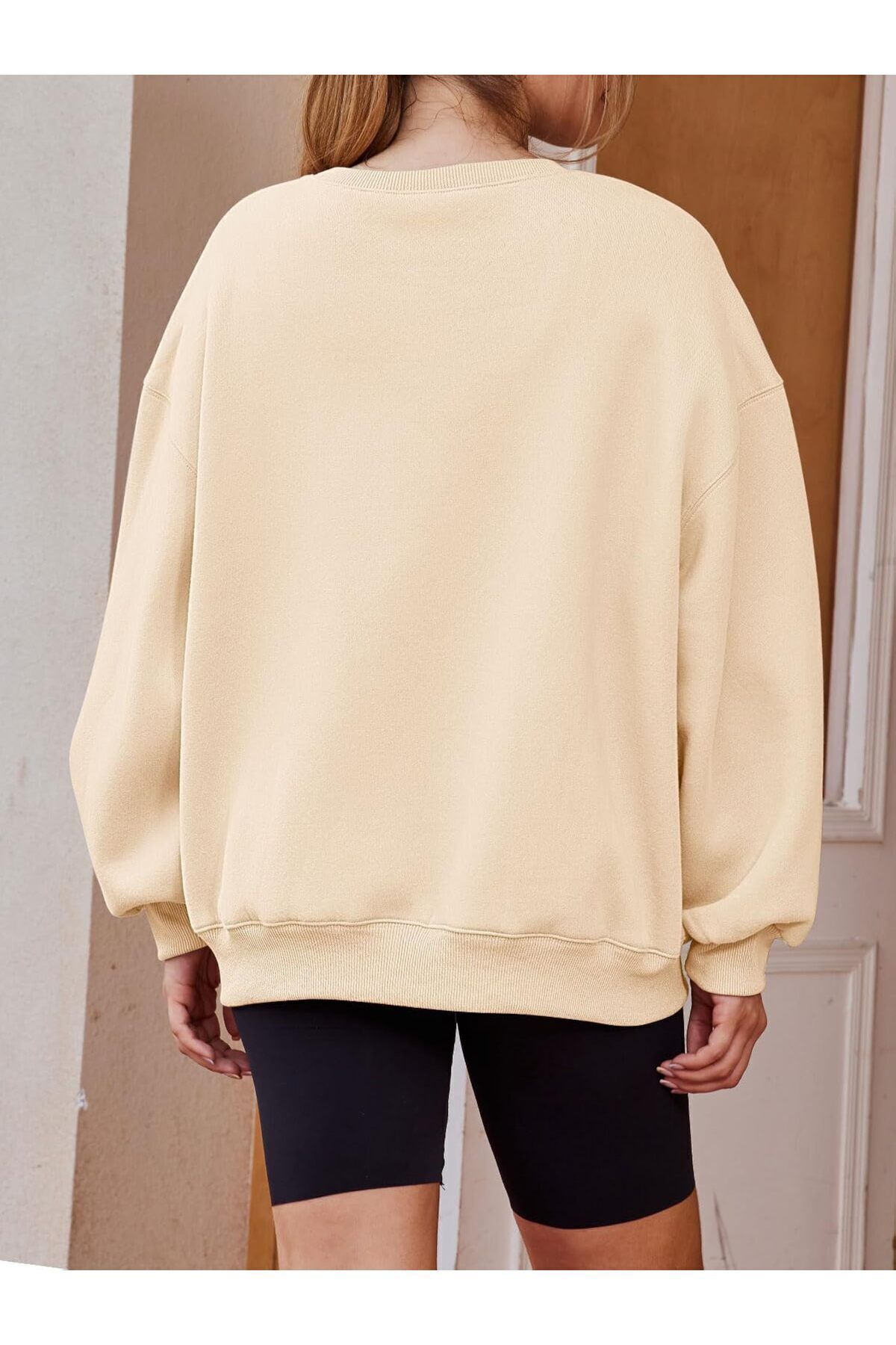 COMBİNE MİCHAİL-Γυναικείο φούτερ σε μπεζ χρώμα Oversize Soft Crew Neck Thick Raised 5