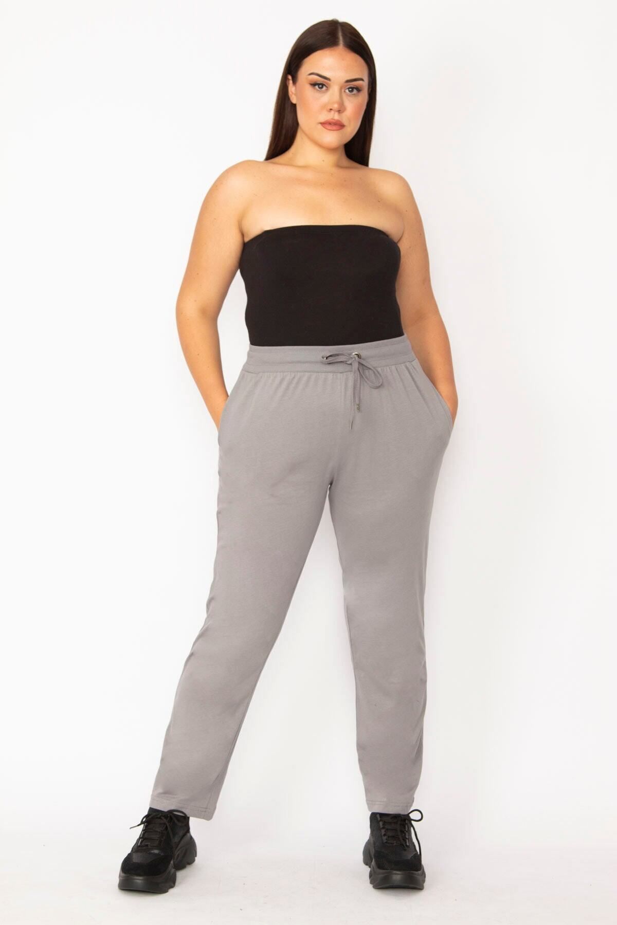 Şans-Pantaloni de sport cu buzunar cu alunecare, gri, cu talie elastică și cu ochi, de mărime mare 65n29152 3