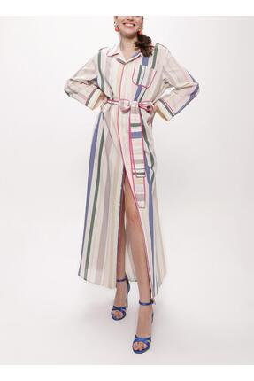 SOCIETA Çizgili Kontrast biyeli ve kemerli gömlek elbise 94108