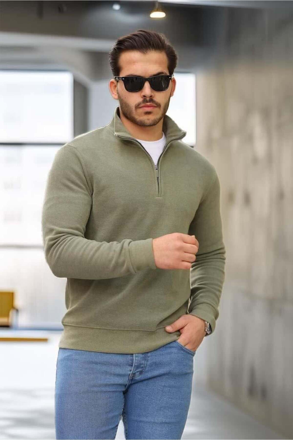 Valiberta-Thessaloniki Knitted Fabric Half Zipper Men's Sweatshirt - Khaki 1
