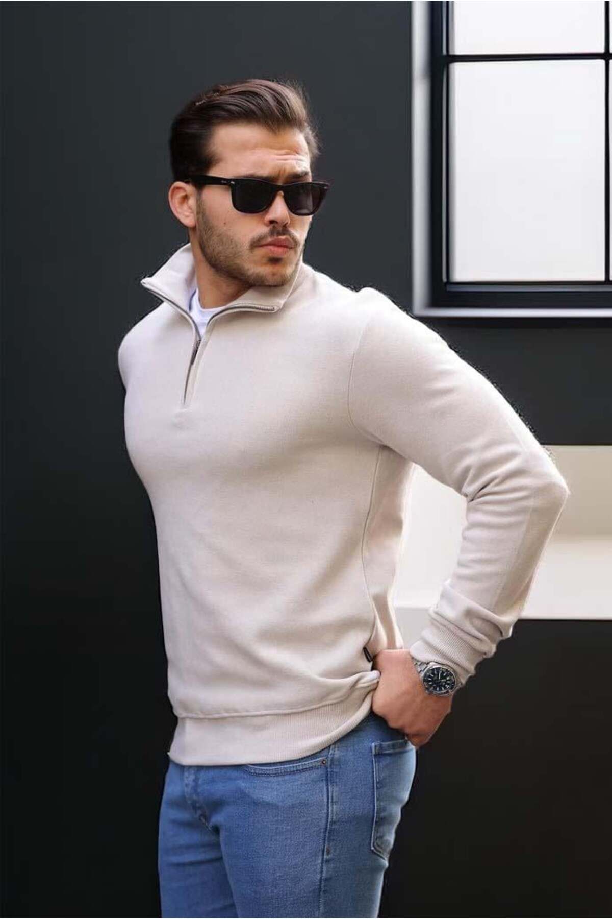 Valiberta-Men's Sweatshirt - Thessaloniki Knitted Fabric, Half Zipper, Stone Color 1
