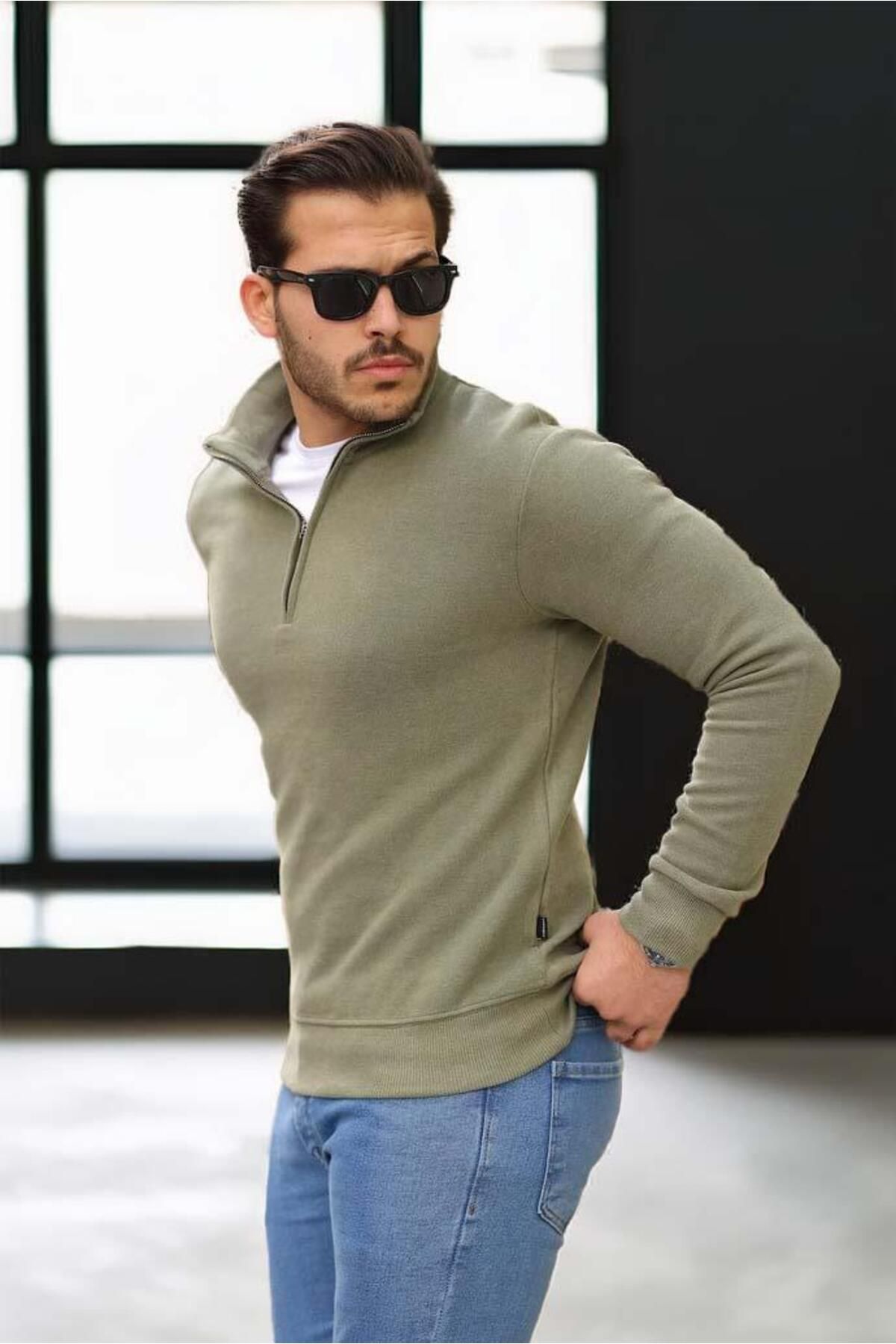 Valiberta-Thessaloniki Knitted Fabric Half Zipper Men's Sweatshirt - Khaki 3
