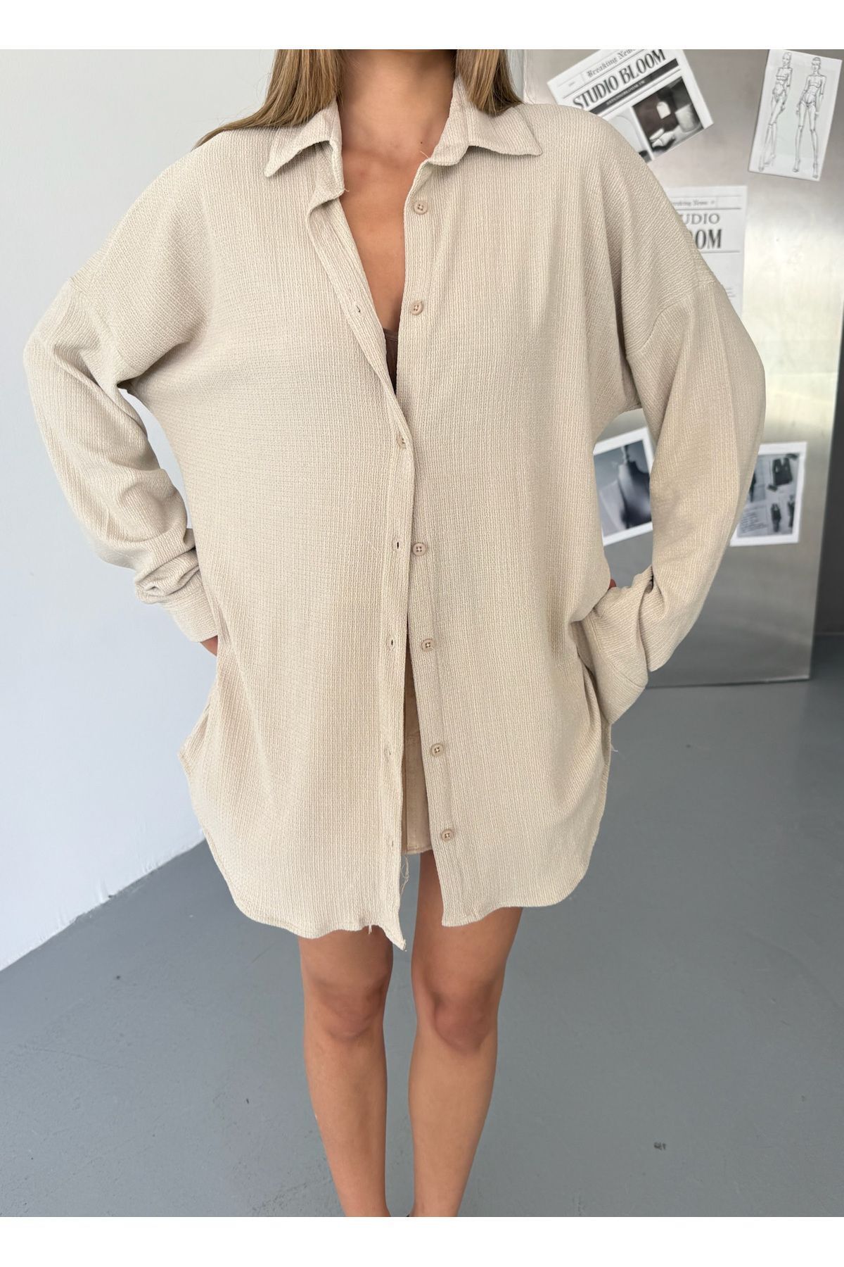 COMBİNE MİCHAİL  Kadın Oversize Ayrobin Krem Bol Keten Gömlek