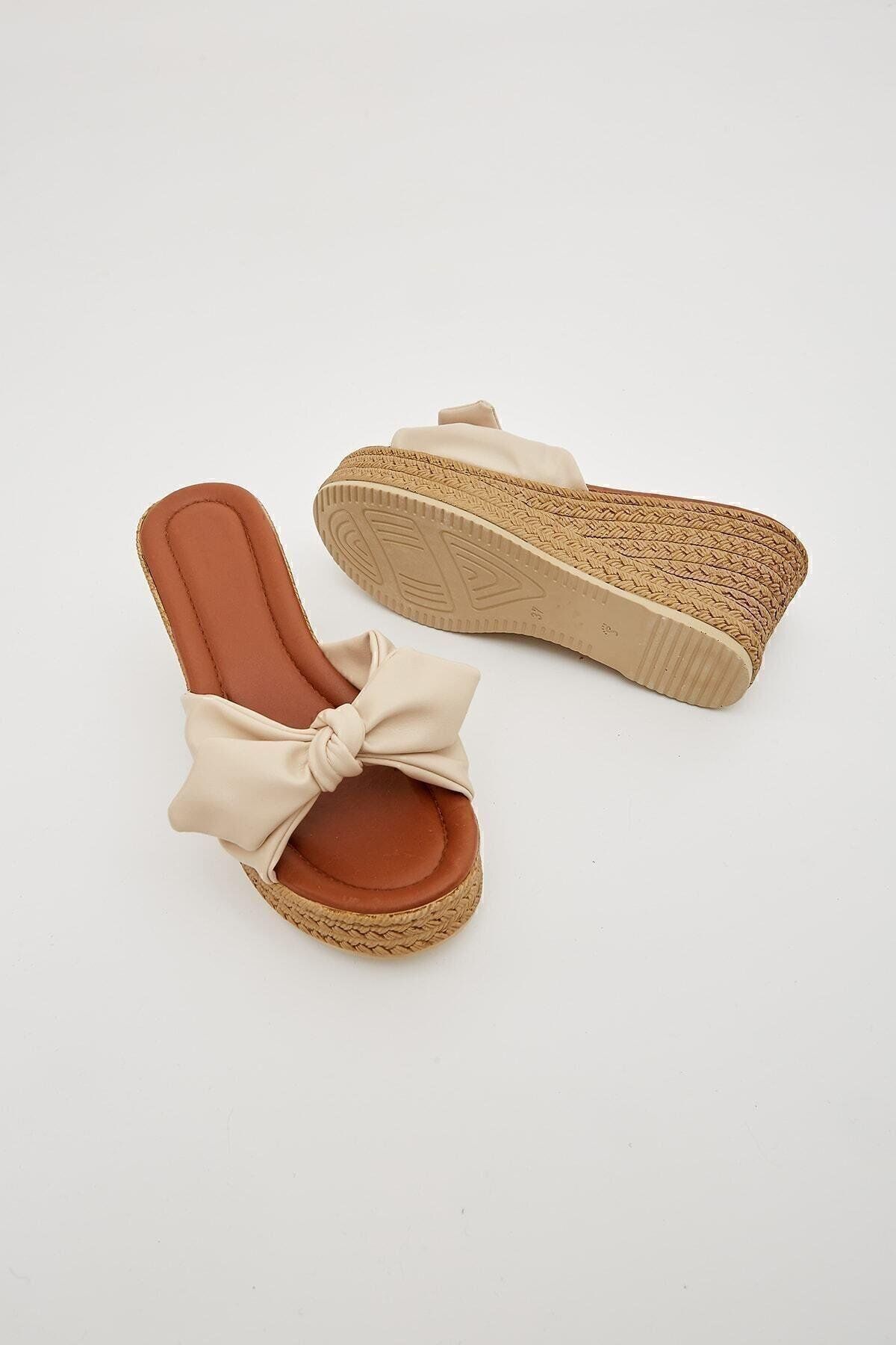 Moda Devrin-Papuci de damă cu toc pană cu fundă bej Papuci cu toc 8