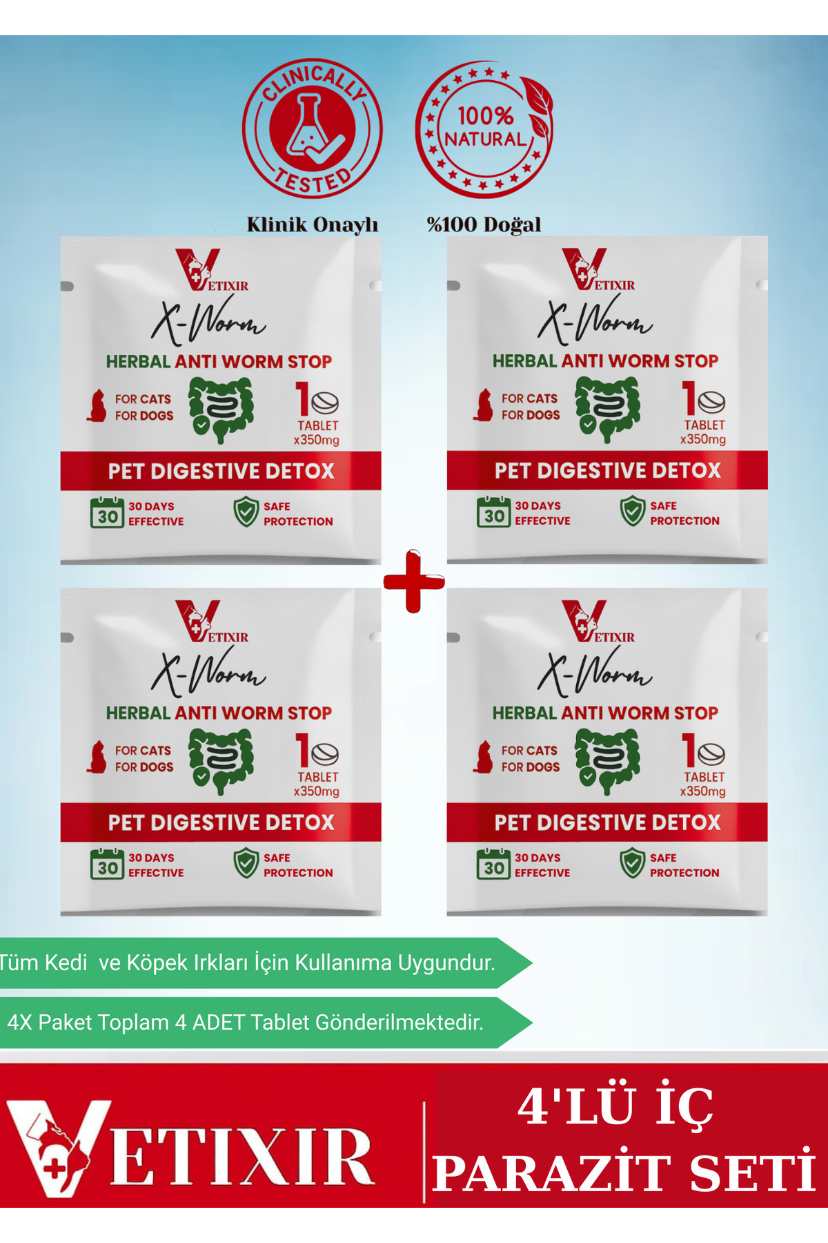 VETIXIR Bitkisel İçerikli Kedi Ve Köpek Parazit Tableti Herbal Anti-worm 4 Adet Tablet