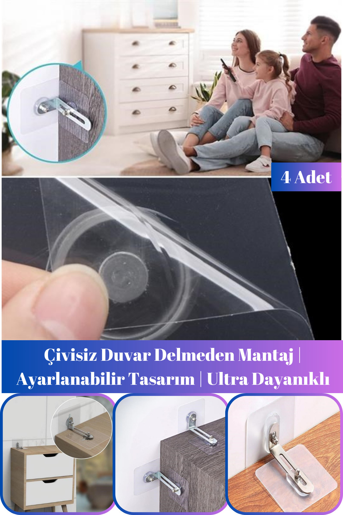 Hane Dostu 4 Adet Ultra Güçlü Duvar Delmeden Ayarlanabilir Mobilya Sabitleyici | Deprem Eşya Sabitleme Aparatı fotoğrafı 2 (önizleme)