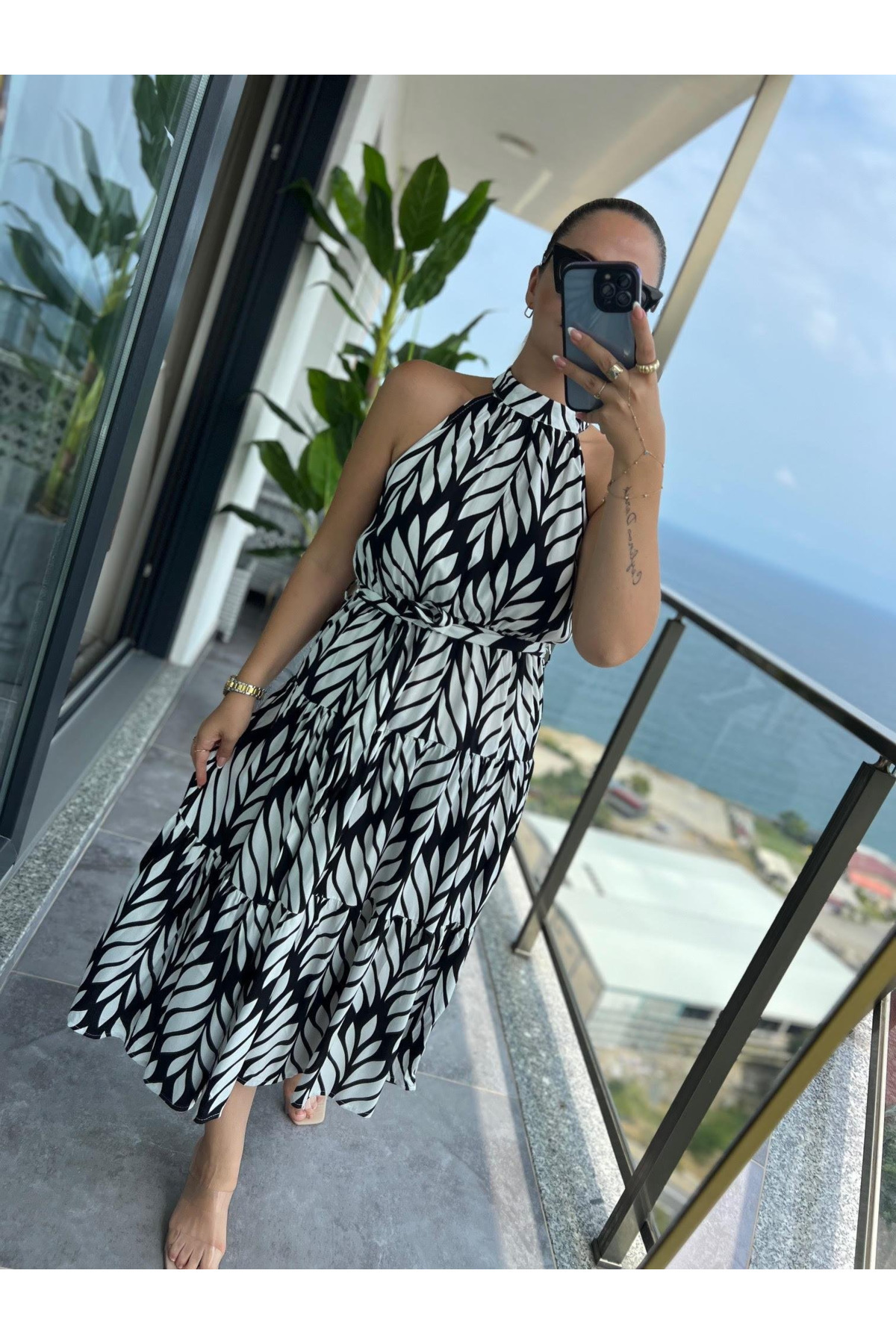 DISHI FASHİON  Halter Yaka Yaprak Desenli Elbise - Görsel 6