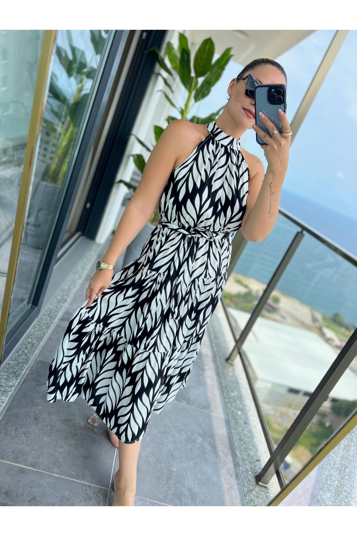 DISHI FASHİON  Halter Yaka Yaprak Desenli Elbise - Görsel 2