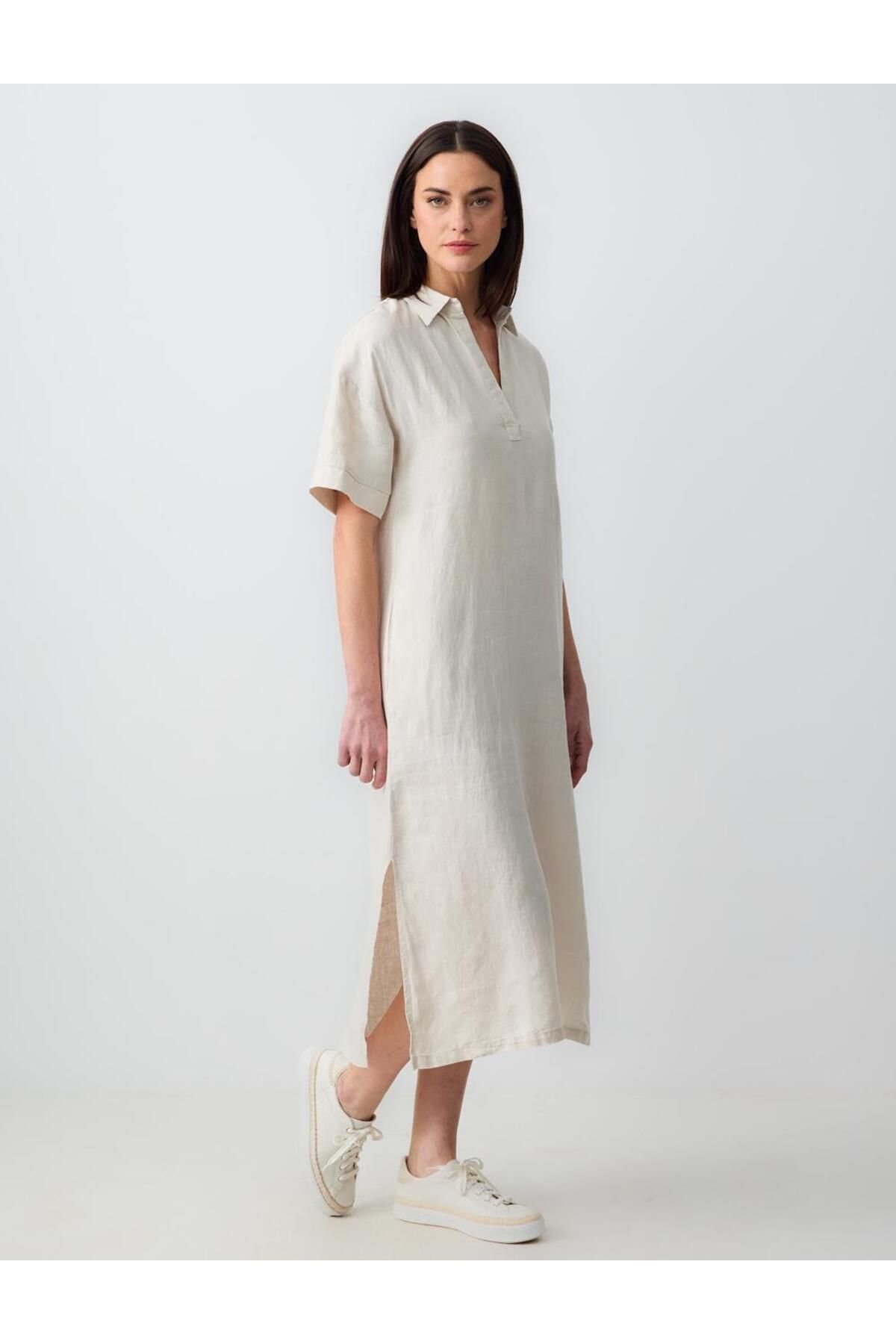 Jimmy Key-Stone 100% Linen Relaxed Cut Shirt Collar Short Sleeve Midi Dress 4