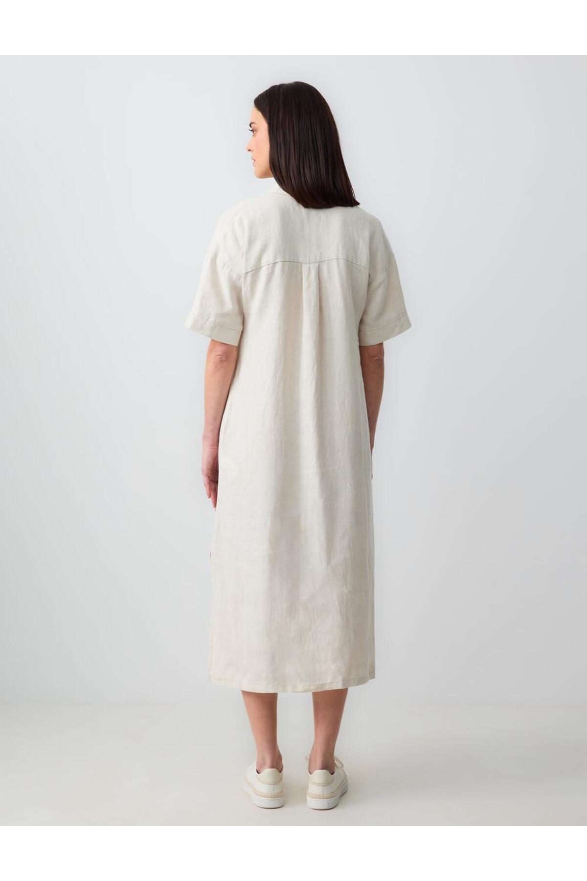 Jimmy Key-Stone 100% Linen Relaxed Cut Shirt Collar Short Sleeve Midi Dress 6