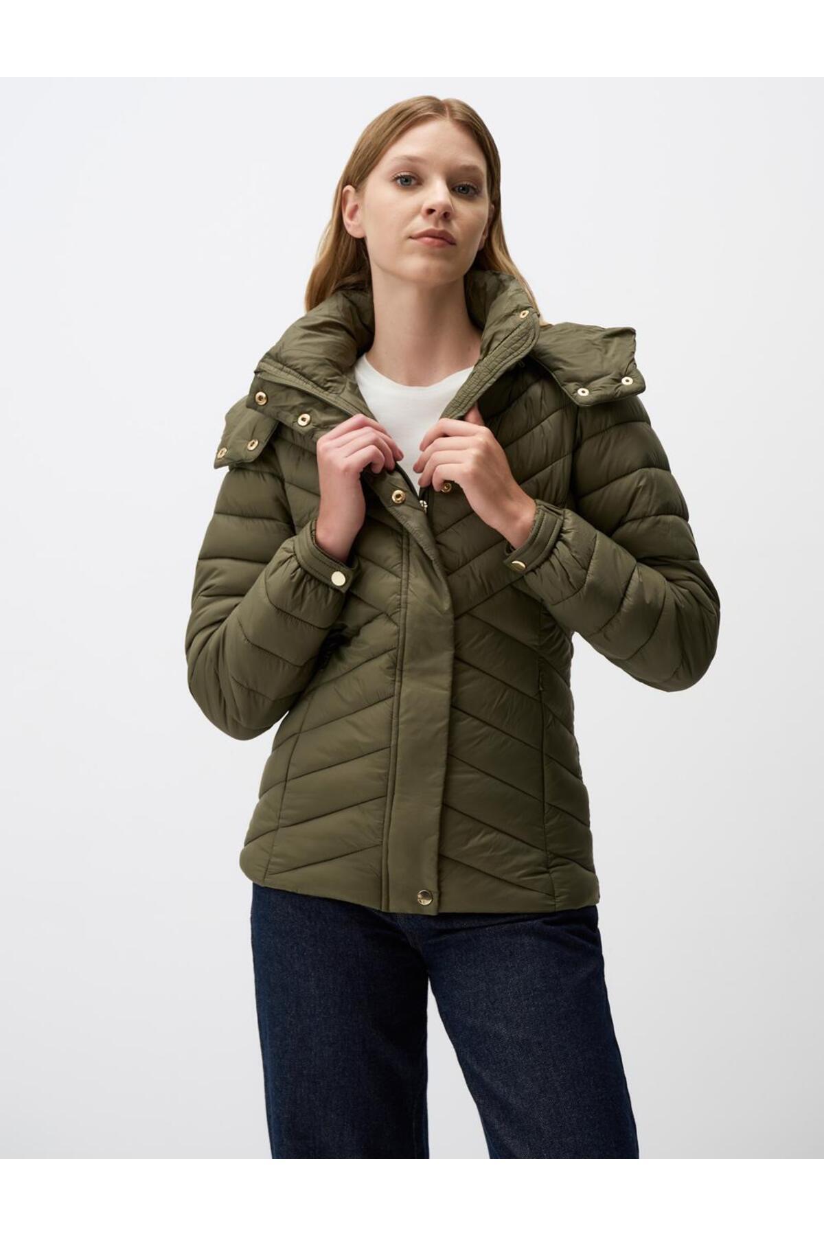 Jimmy Key Haki Dar Kesim Kapüşonlu Kapitone Şişme Mont