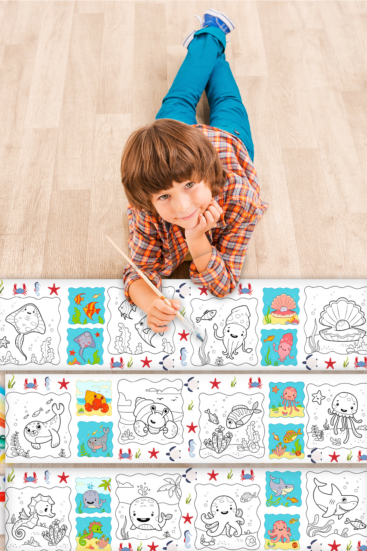 کاغذ رنگی نمونهای مصور با طرح حیوانات دریایی، رول ۳.۷۵ متری