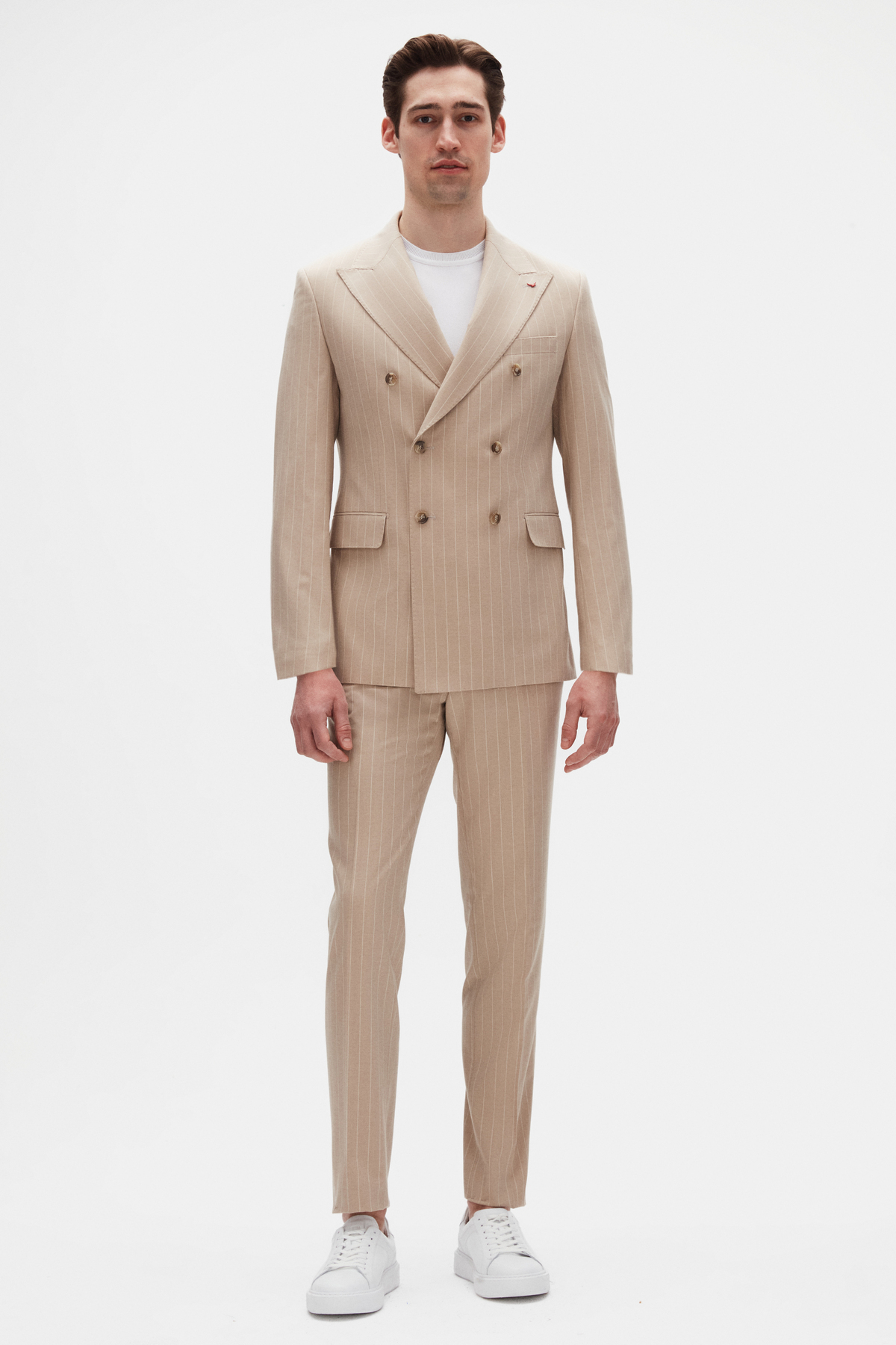 D'S Damat  Ds Damat Regular Fit Bej Çizgili Kruvaze Takim Elbise - Görsel 4