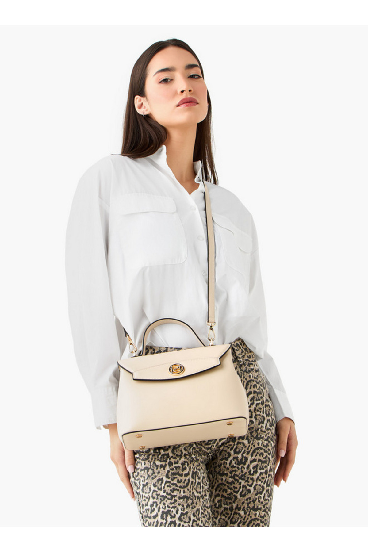 Paprika-Solid Satchel Bag with Button Closure 2