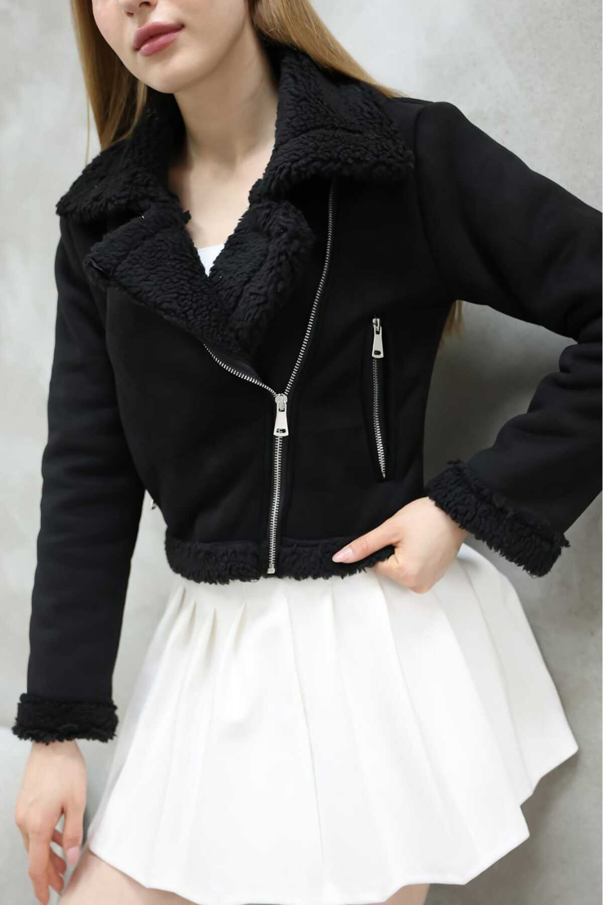 CIQULATA-Bikerjacke aus Wildleder mit Pelzkragen Schwarz 1