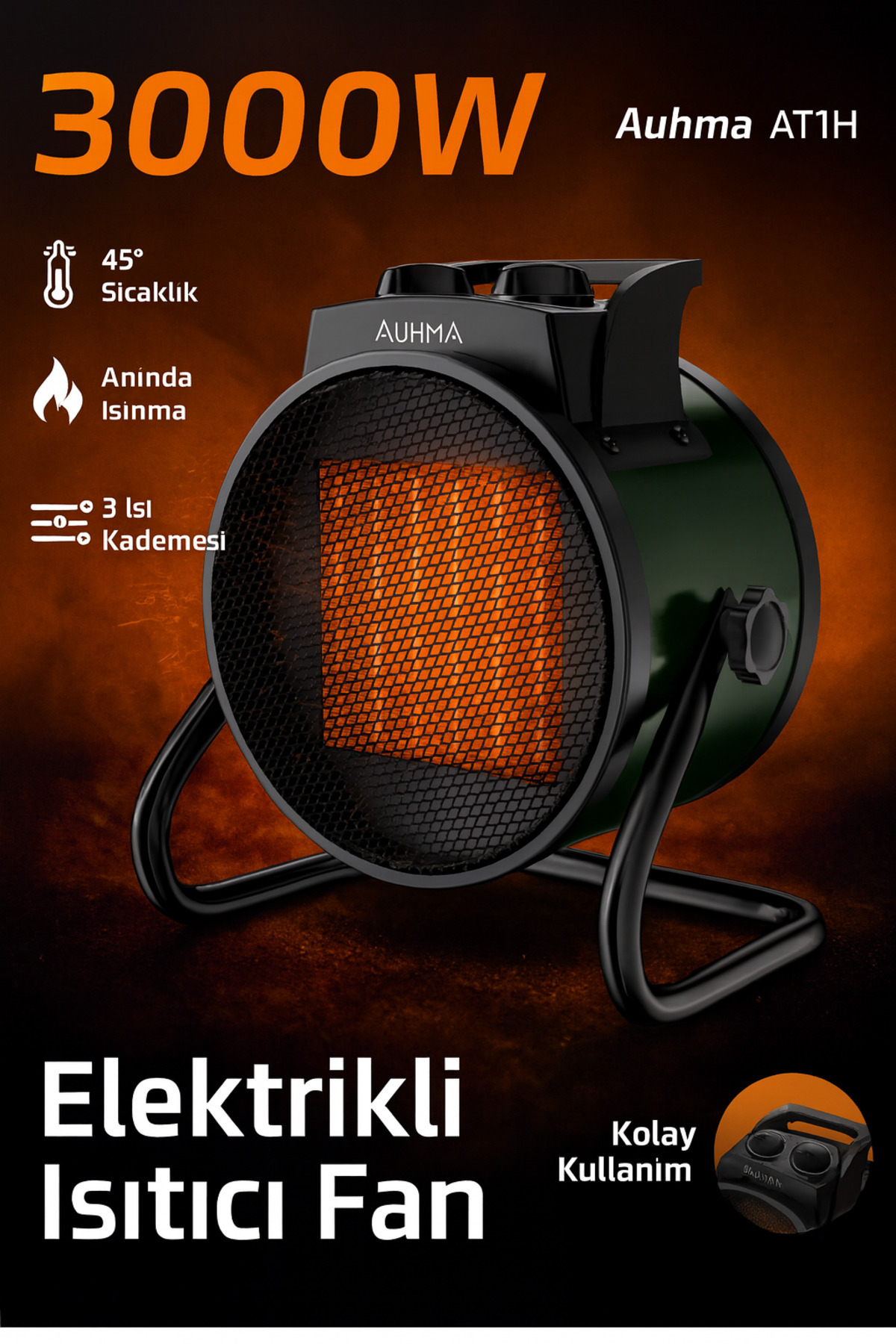 AT1H Elektrikli Isıtıcı Fan Yeşil | 3000W Hızlı Isınma, 3 Kademeli Ayar, Sessiz PTC Isıtma Tek