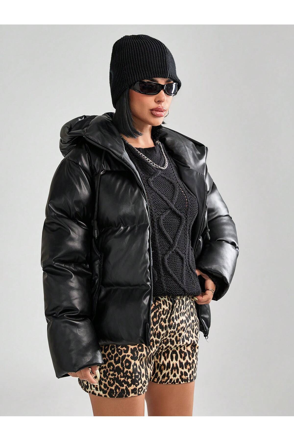 PERÇEM-Puffer-Ledermantel für Damen mit Kapuze 5
