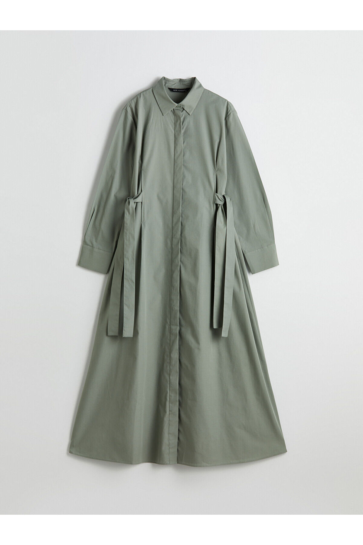 LC Waikiki LCW Modest Zielona sukienka z wiązaniem w talii z popeliny