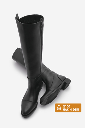 Marjin Kadın Hakiki Deri Günlük Çizme Dizaltı Fermuarlı Klasik Çizme Anis Siyah