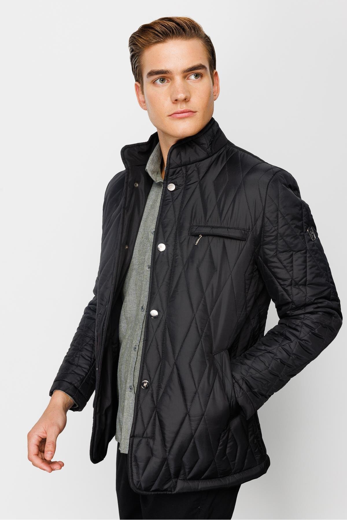 İgs  Erkek Dik Yaka Kapitone Klasik Mont – Cep Kapaklı, Fermuar & Çıtçıtlı – Siyah - Görsel 4