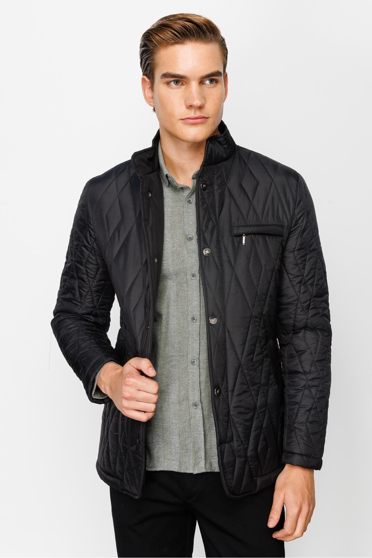 İgs  Erkek Dik Yaka Kapitone Klasik Mont – Cep Kapaklı, Fermuar & Çıtçıtlı – Siyah - Görsel 2