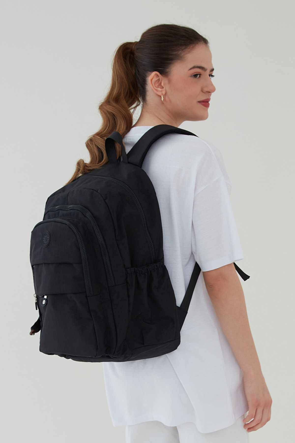 Rosso Collina Unisex Krinkıl Kumaş Su itici Büyük Boy Çok Gözlü Siyah Seyahat Sırt Çantas Lise Ortaokul universite görsel 5