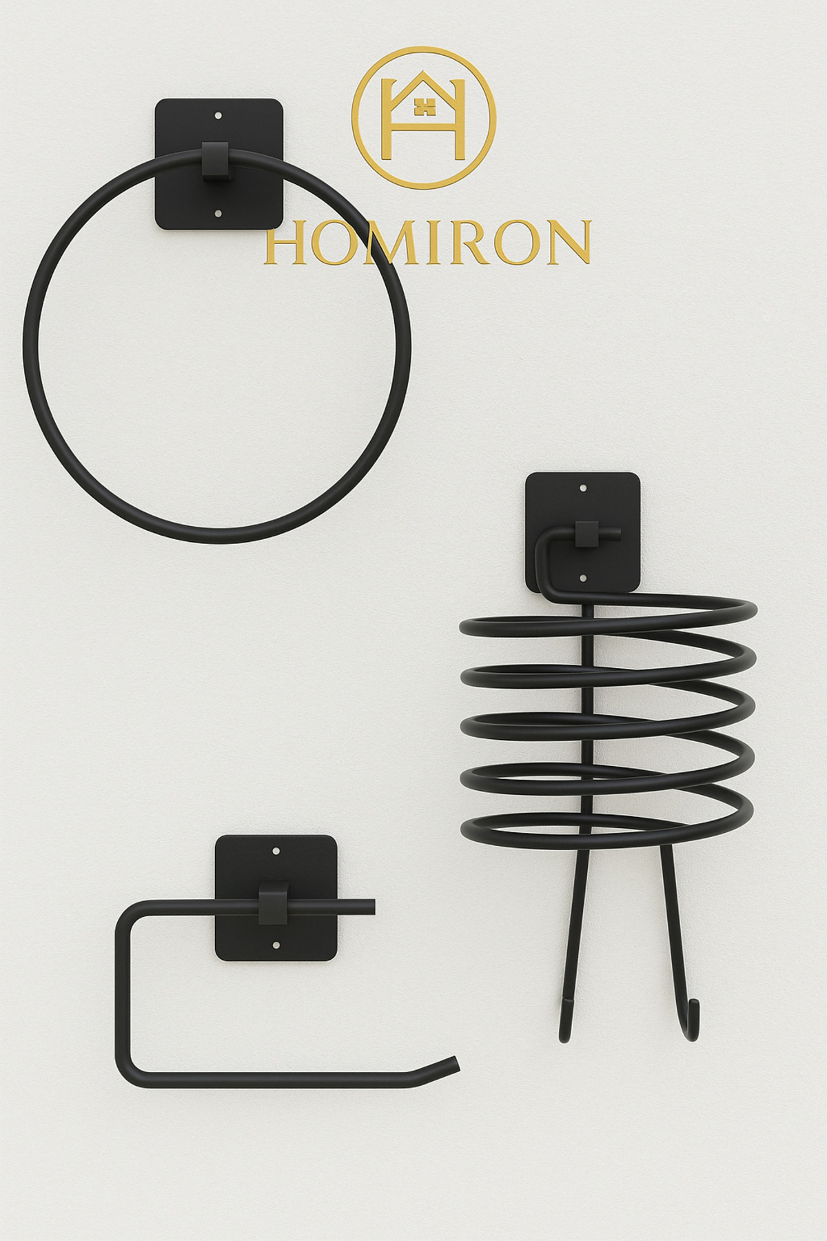 HOMİRON Yapışkanlı Ve Vidalı Siyah wc kağıtlık, yuvarlak havluluk, fön makinesi askısı 3 Lü set