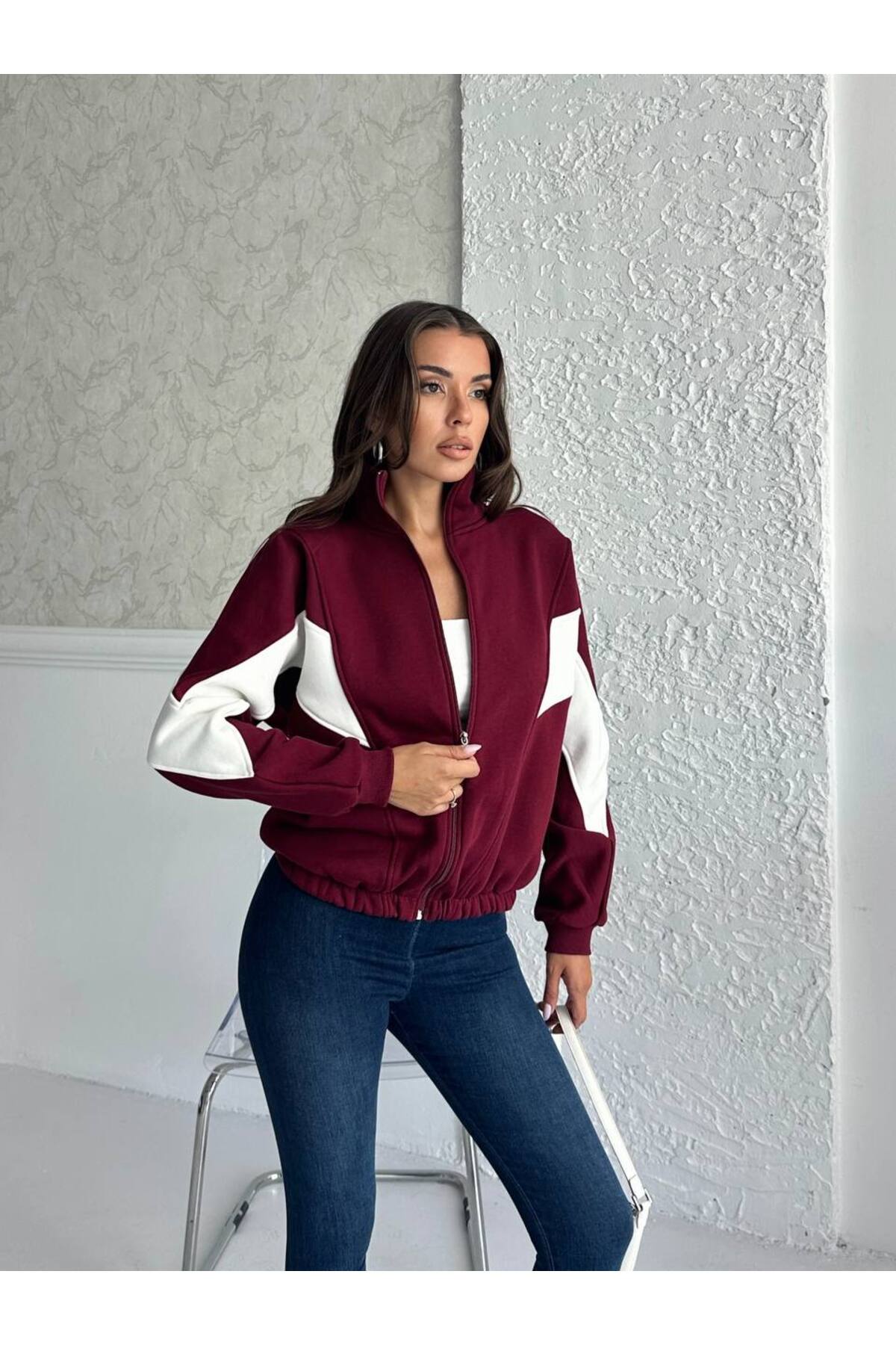 Zeynep Öykü Style  Kadın 3 iplik Penye Kumaş Şardonlu Garnili Renk Bloklu Oversize Hırka Eşofman Üstü Sweatshirt - Görsel 5